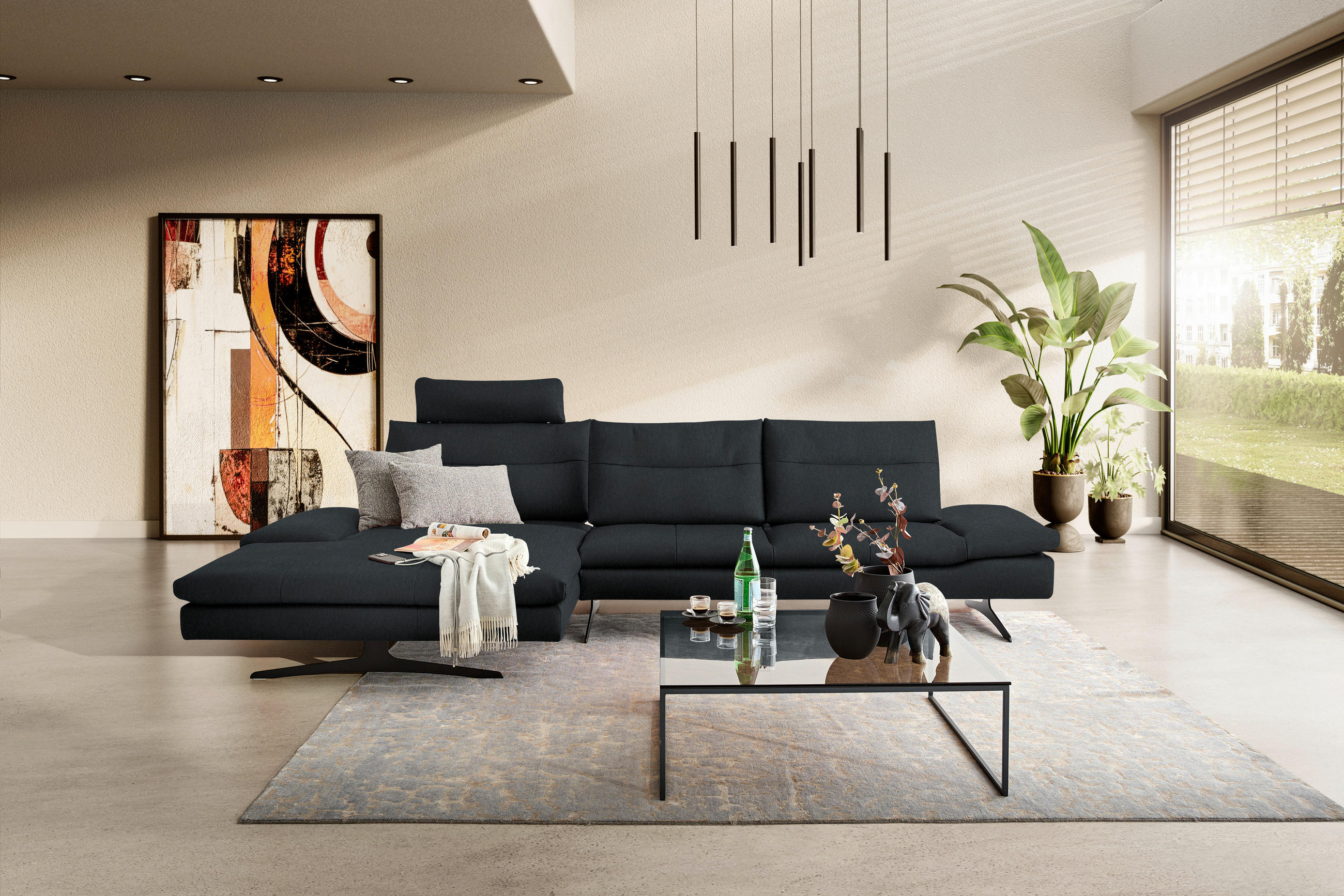 ECKSOFA in Echtleder Schwarz  - Schwarz, Modern, Leder/Metall (158/342cm) - Chilliano