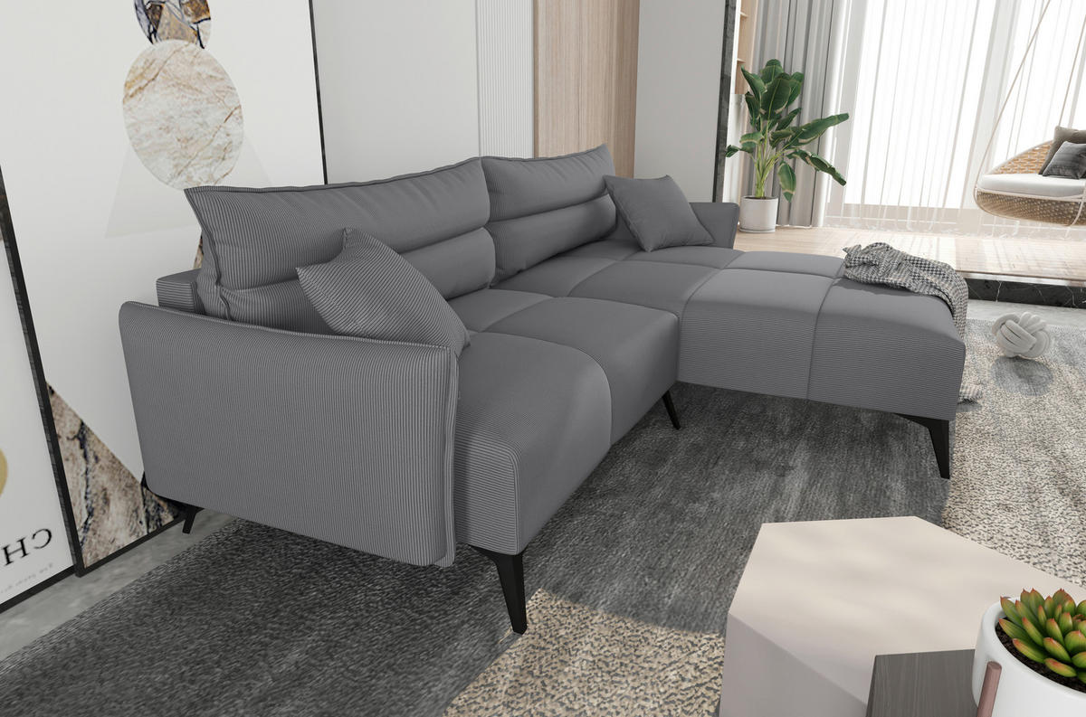 ECKSOFA in Cord Grau  253/180 cm  - Schwarz/Grau, KONVENTIONELL, Textil/Metall (253/180cm) - Carryhome