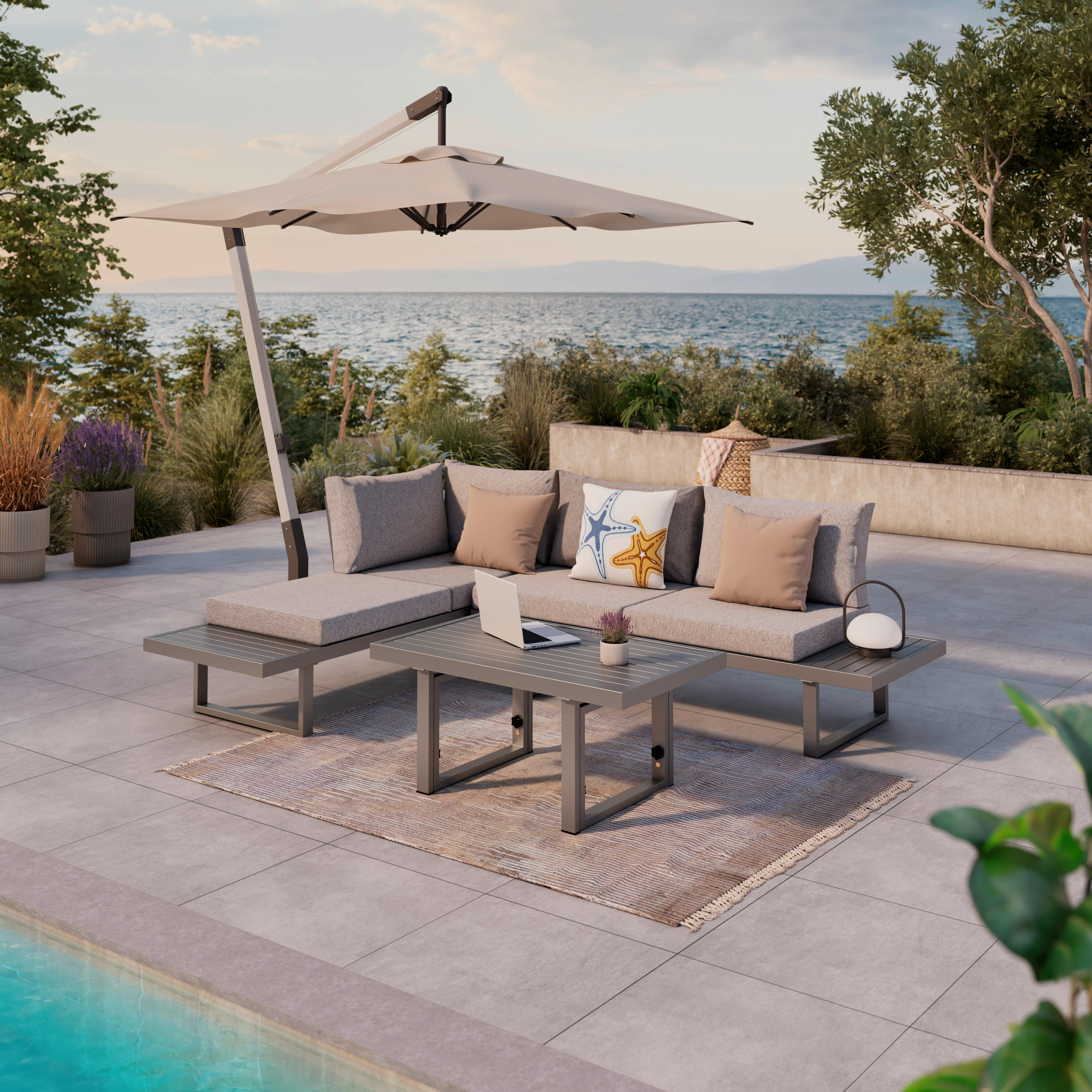 LOUNGEGARNITUR Stahl  - Grau, Design, Metall (176/100/71/46/67/74,5/60,5cm) - Ambia Garden