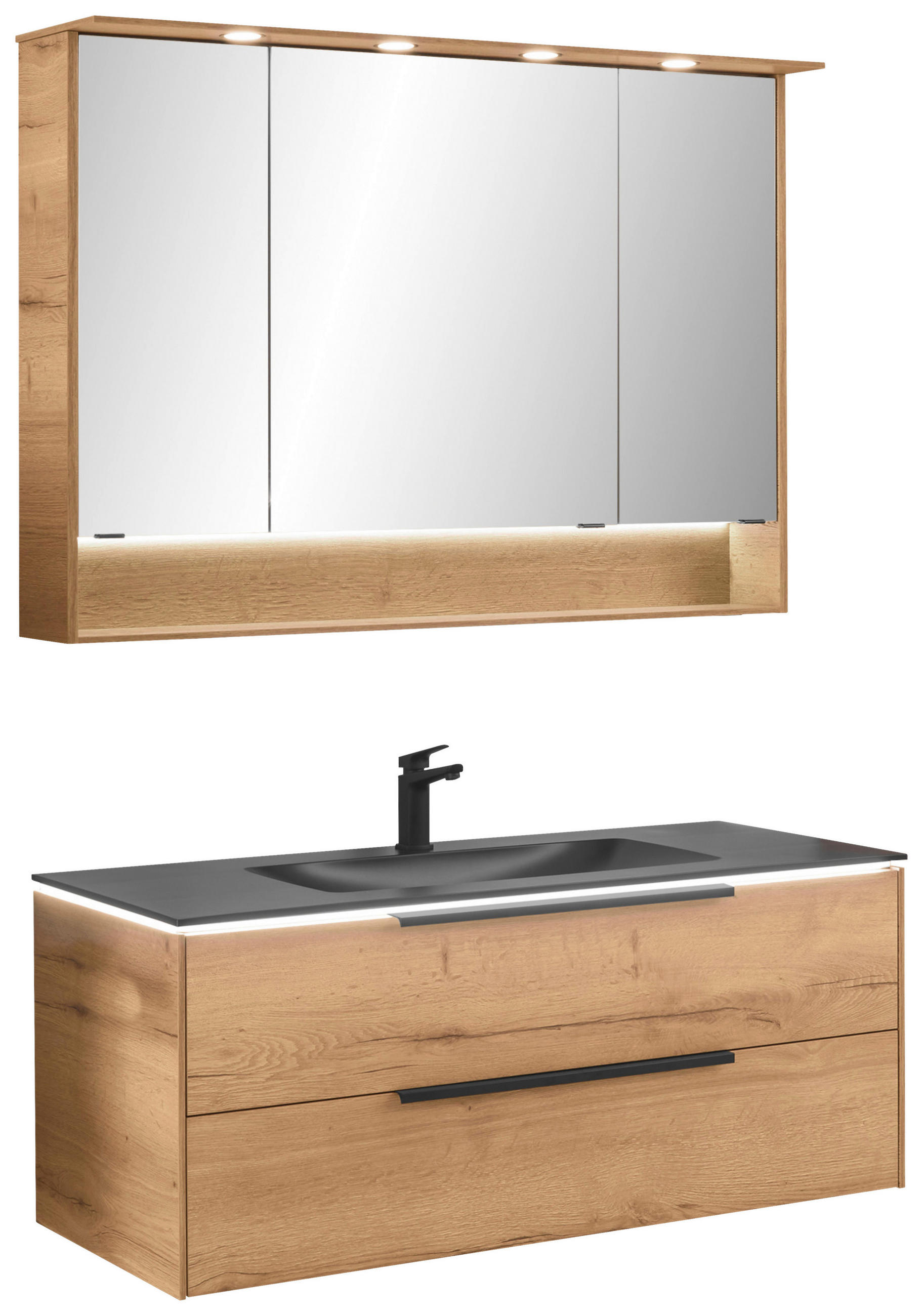 BADEZIMMER 4-teilig  in 123,2 cm  - Eichefarben/Schwarz, Design, Glas/Holzwerkstoff (123,2cm) - Musterring