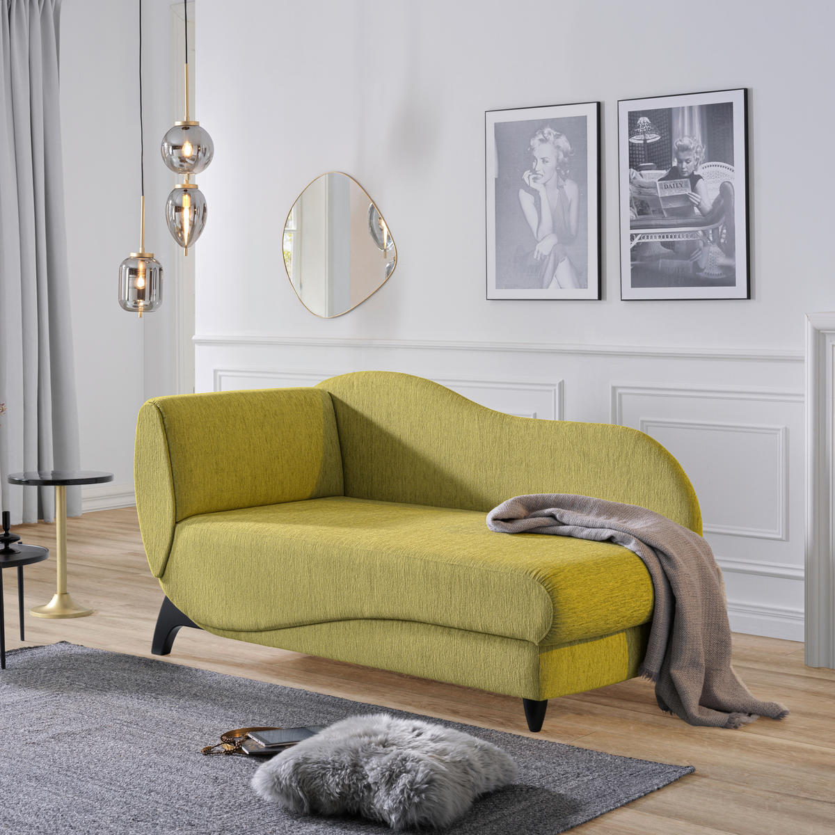 RÉCAMIERE in Webstoff Hellgrün  - Schwarz/Hellgrün, Modern, Holz/Textil (84/87/171-190cm) - Joka