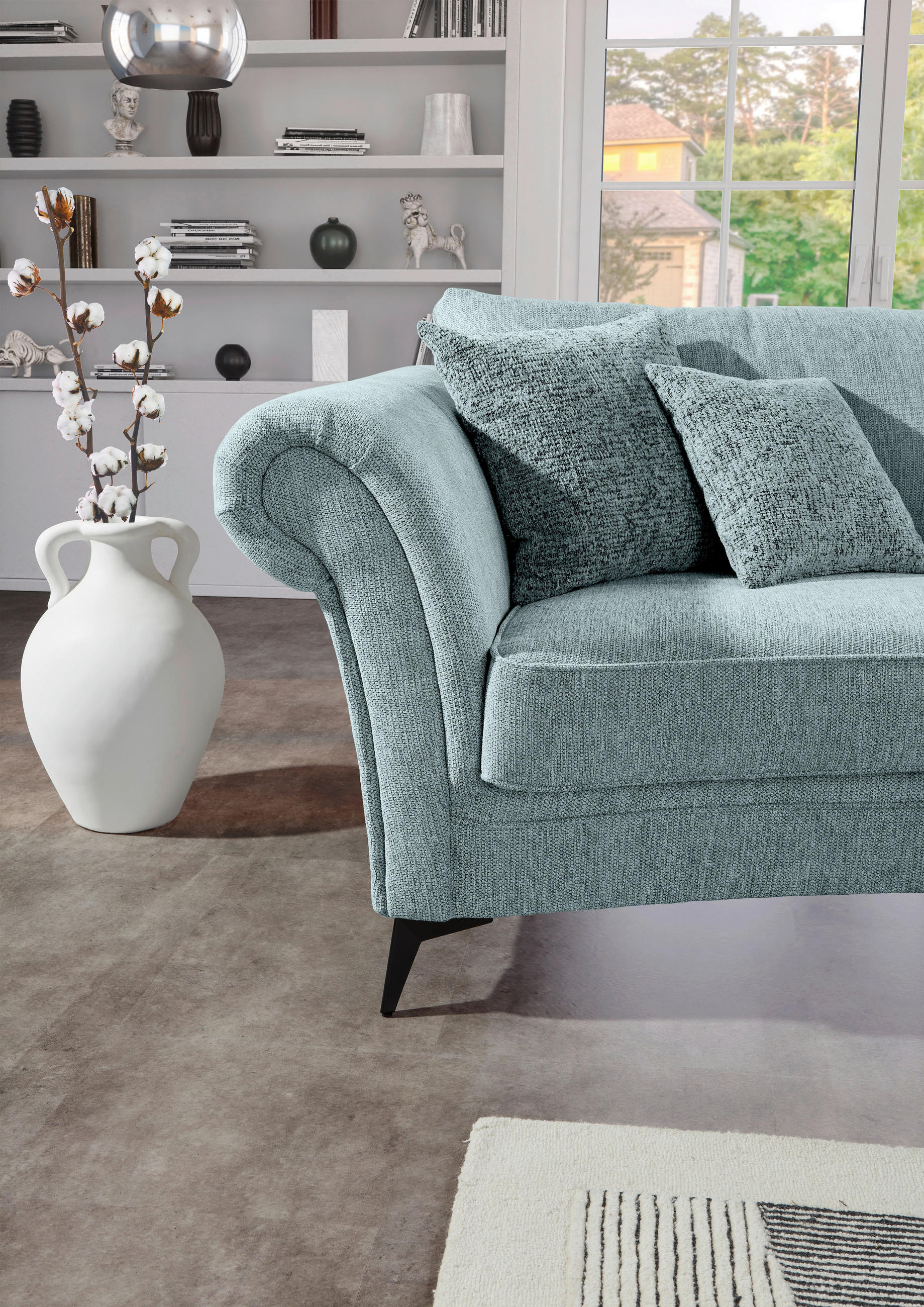 MEGASOFA Flachgewebe Graublau  - Graublau/Schwarz, ROMANTIK / LANDHAUS, Textil/Metall (273/79/125cm) - Landscape