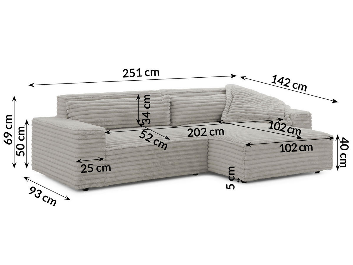 ECKSOFA Cord Grau  - Schwarz/Grau, Design, Kunststoff/Textil (251/142cm) - P & B