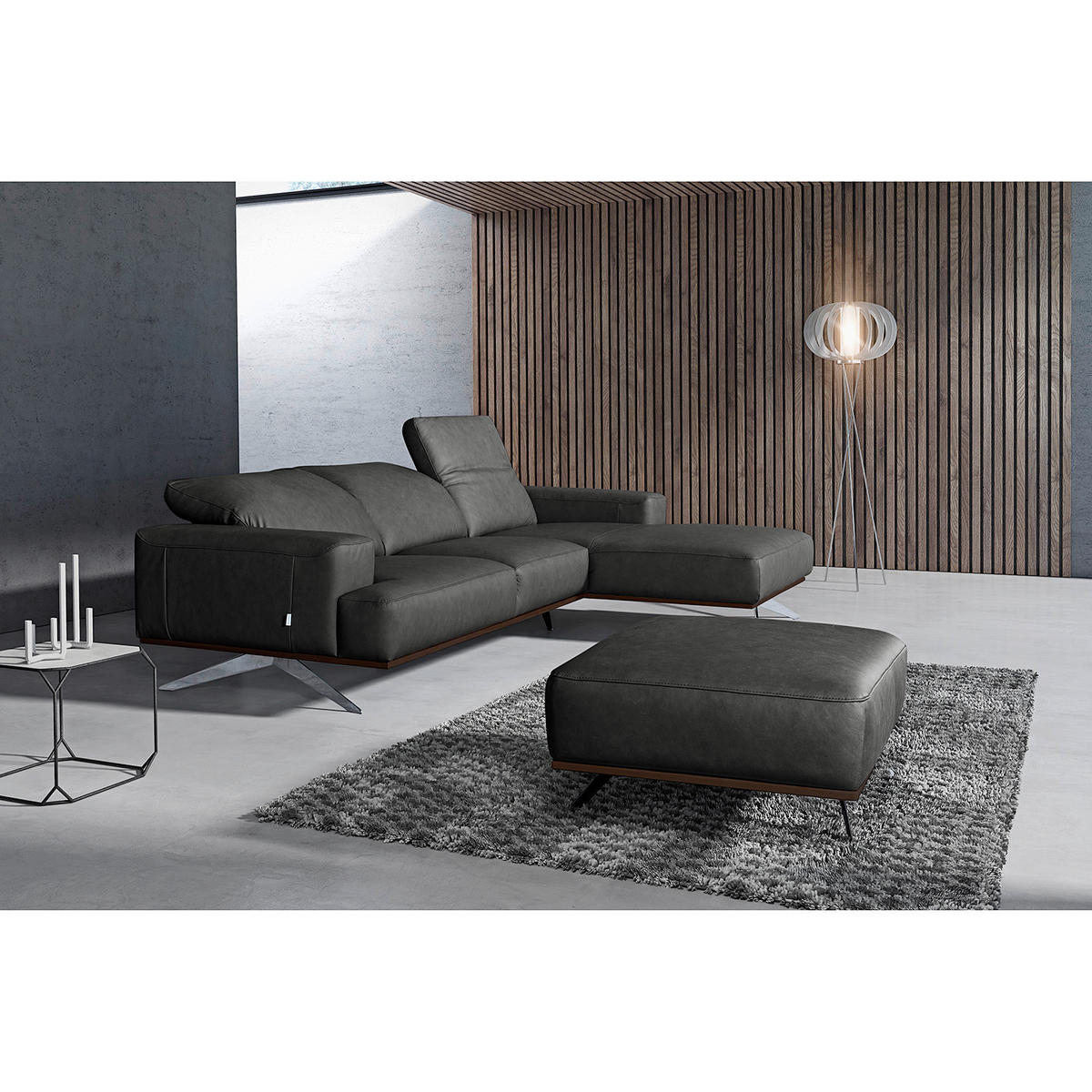 ECKSOFA  in Echtleder Schwarz  295/187 cm  - Chromfarben/Schwarz, Design, Leder/Metall (295/187cm) - Livetastic