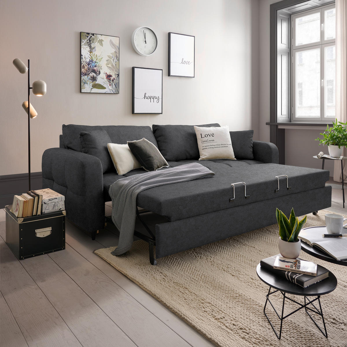 SCHLAFSOFA Webstoff Anthrazit Stoffauswahl, Bettfunktion erhältlich, Rücken echt, Armteil links, Armteil rechts  - Anthrazit/Schwarz, Design, Holz/Textil (236/88/101cm) - Lomoco