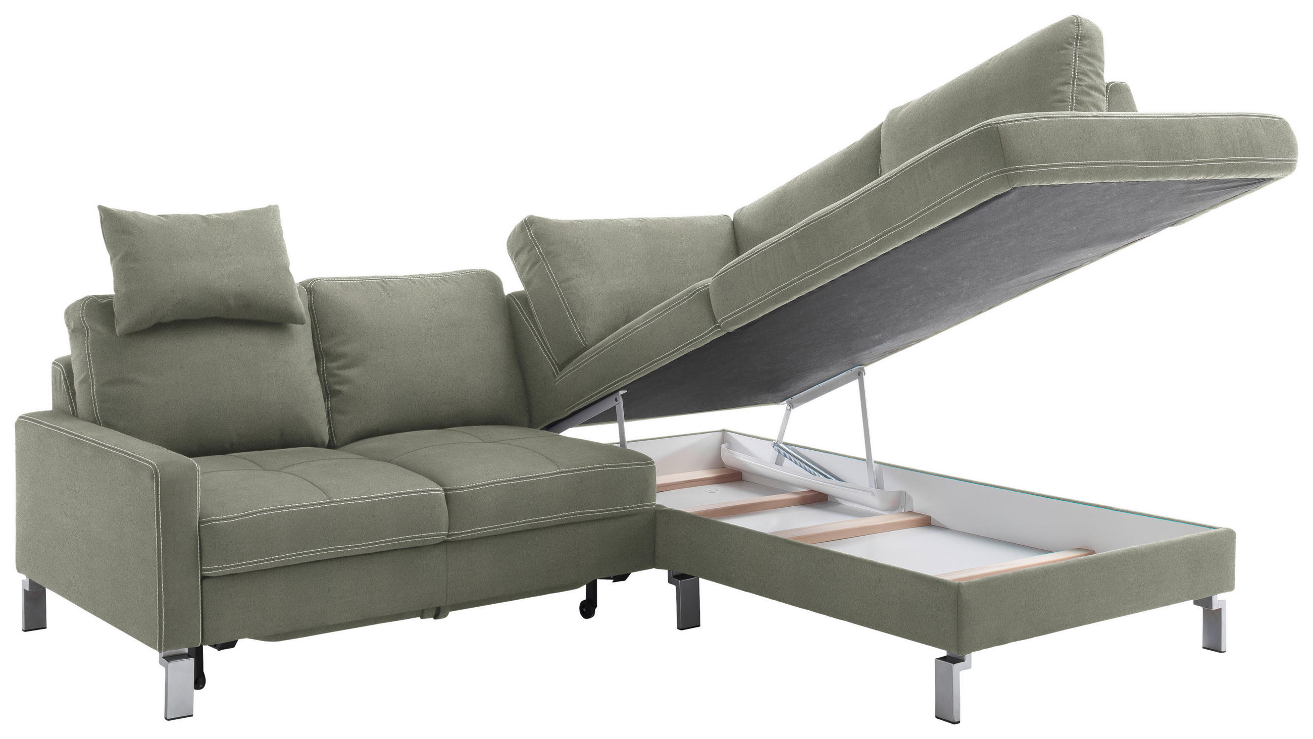 ECKSOFA in Mikrofaser Grau, Grün  - Chromfarben/Beige, Design, Textil/Metall (229/200cm) - Pure Home Lifestyle