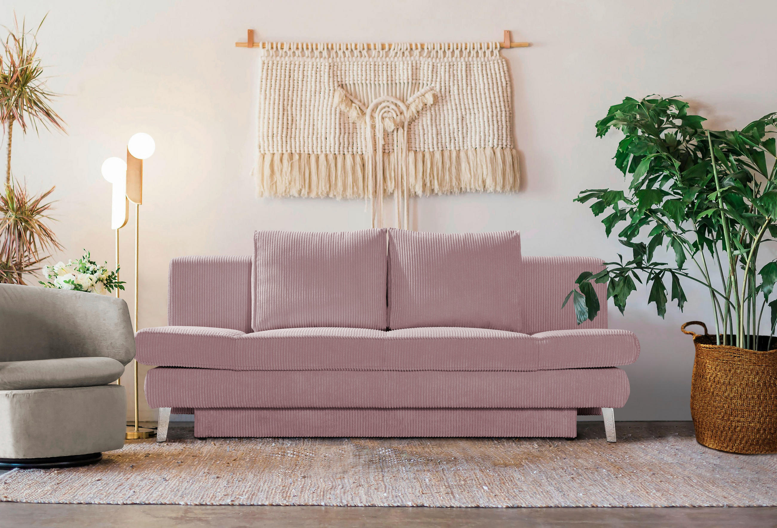 SCHLAFSOFA in Cord Rosa  - Chromfarben/Rosa, Design, Textil/Metall (200/85/90cm) - Xora