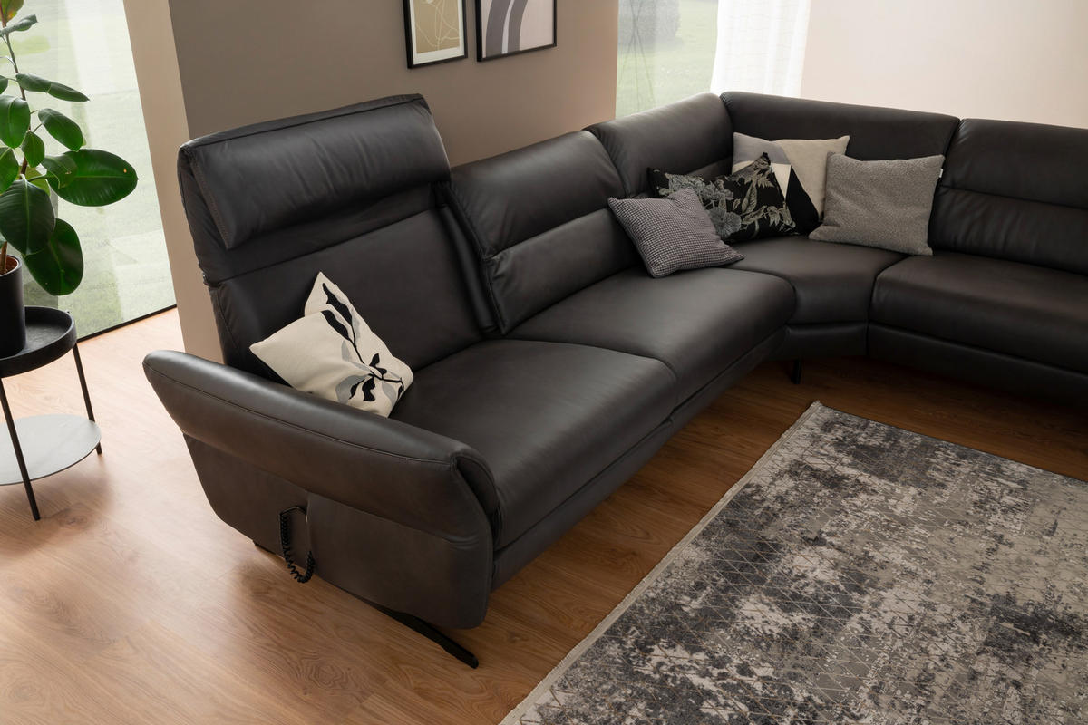 ECKSOFA Anthrazit Echtleder  - Anthrazit/Schwarz, Design, Leder/Metall (258/286cm) - Schöner Wohnen