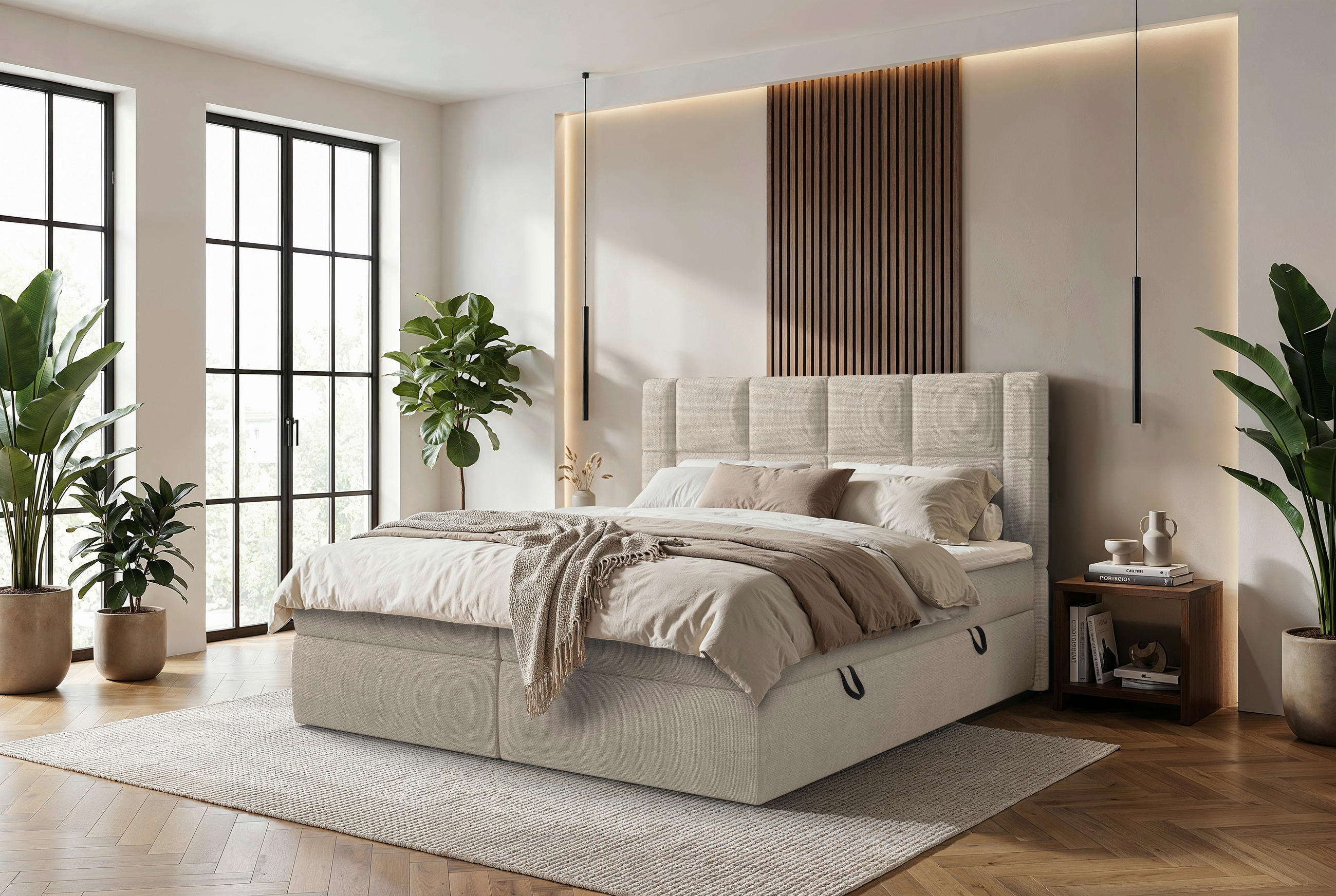 BOXBETT 140/200 cm,  in Beige, gepolstertes Kopfteil, Bettkasten, Topper, Matratzen, H3 = fest  - Beige/Schwarz, MODERN, Holz/Holzwerkstoff (140/200cm) - Boxxx