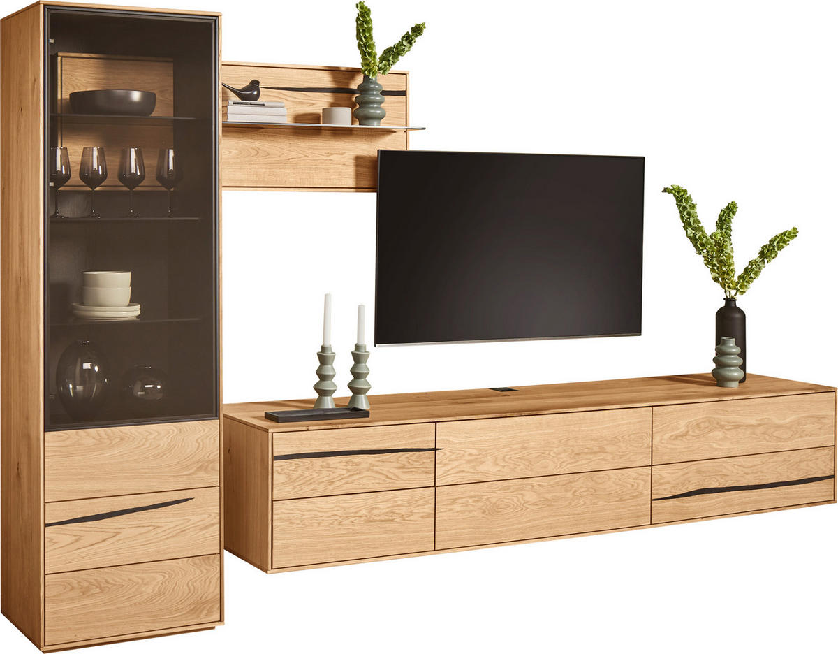 WOHNWAND  in Schwarz, Eichefarben  320/192/50 cm  - Eichefarben/Schwarz, Natur, Glas/Holz (320/192/50cm) - Waldwelt