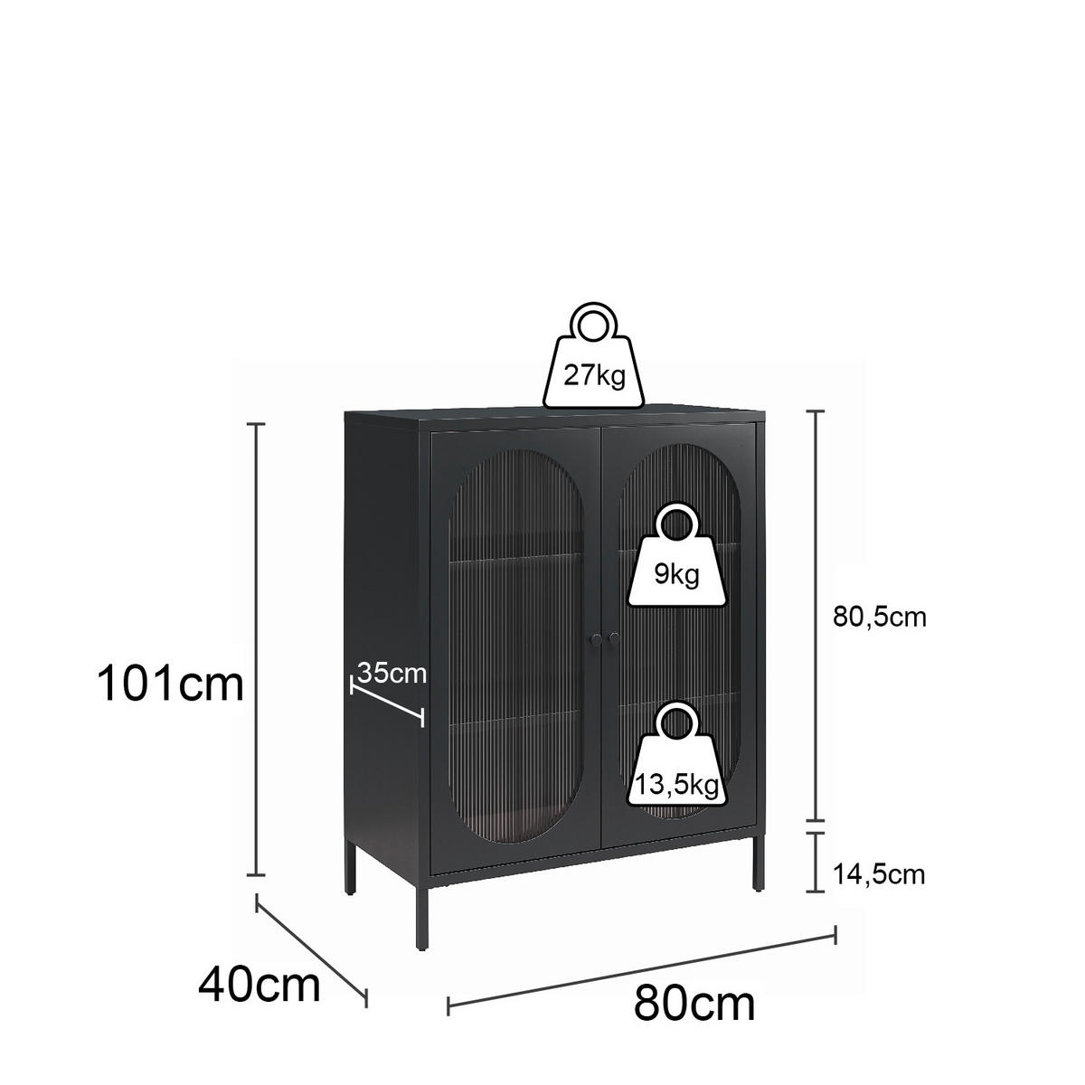 HIGHBOARD Luna   in 80/102/40 cm  - Schwarz, Design, Glas/Metall (80/102/40cm) - MID.YOU
