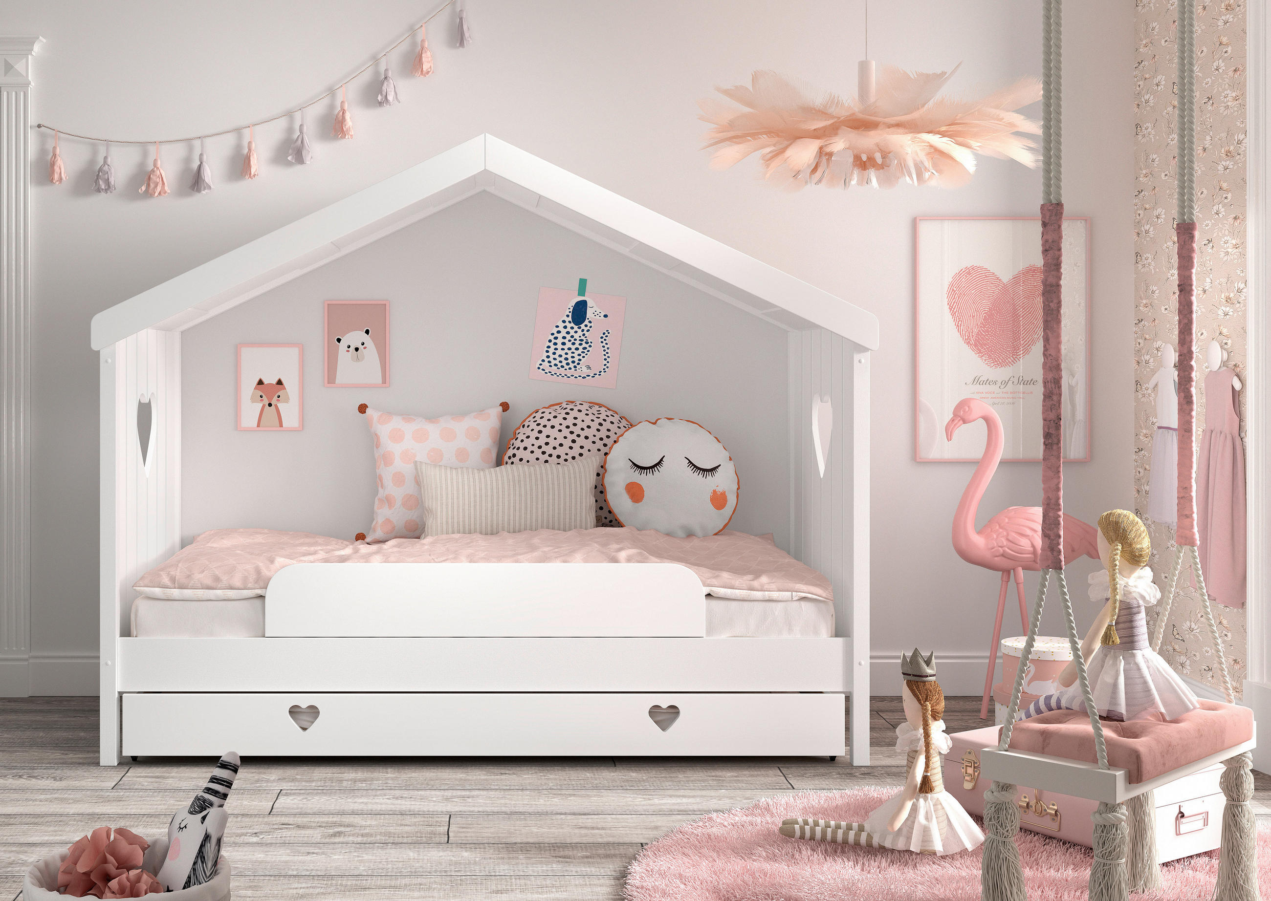 HAUSBETT 90/200 cm,  in Weiß, Absturzsicherung, Bettschublade  - Weiß, Natur, Holz (90/200cm) - Vipack