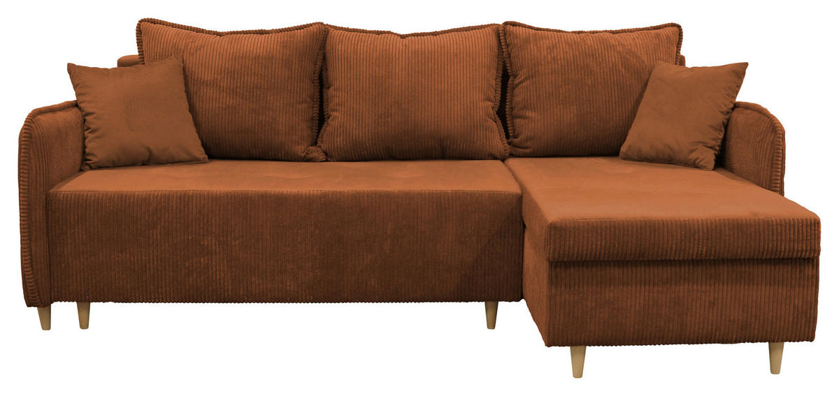 ECKSOFA TEDDY Rot Cord, Bouclé Zierkissen, Rückenkissen, Bettkasten  - Rot/Naturfarben, Design, Holz/Textil (215/142cm) - MID.YOU