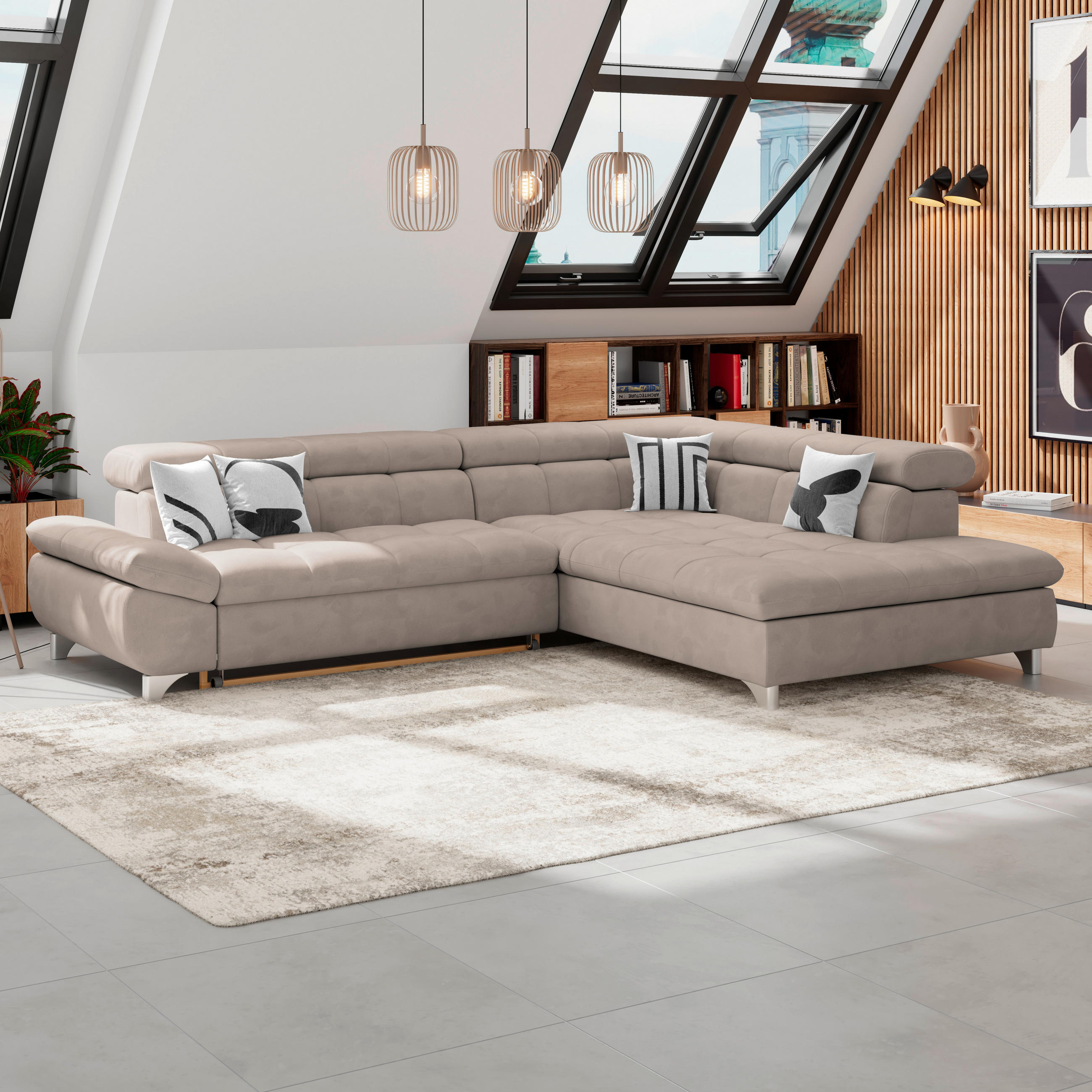 ECKSOFA Beige Chenille  - Chromfarben/Beige, KONVENTIONELL, Textil/Metall (312/234cm) - Livetastic
