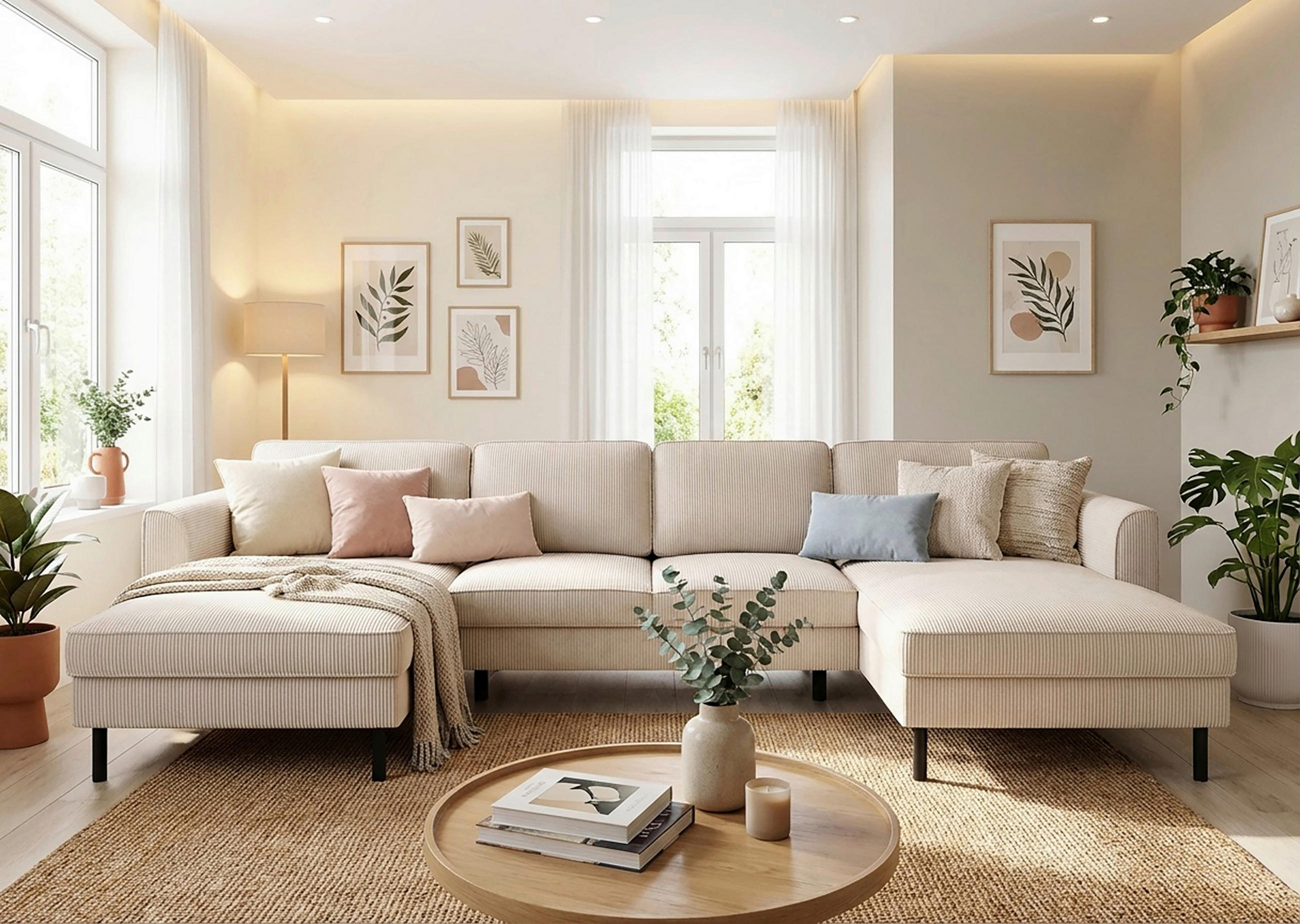 WOHNLANDSCHAFT Creme Cord  - Creme/Schwarz, MODERN, Textil/Metall (161/306/161cm) - Trendmanufaktur