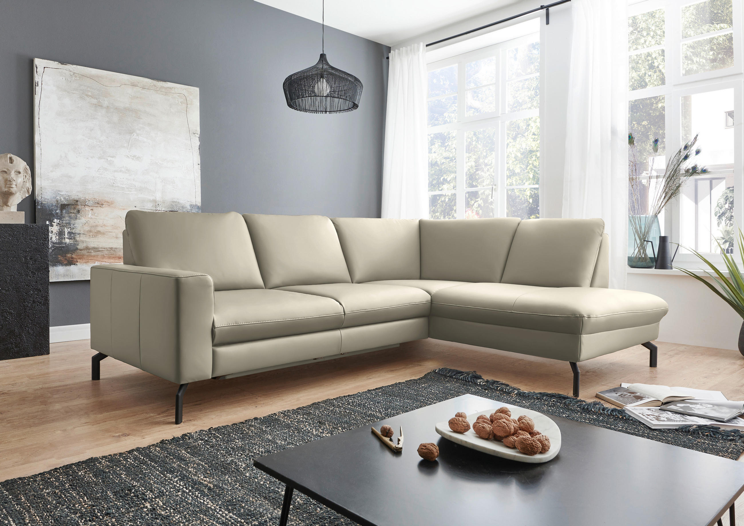 ECKSOFA in Echtleder Ecru  - Ecru/Schwarz, Design, Leder/Metall (250/194cm) - Beldomo Premium