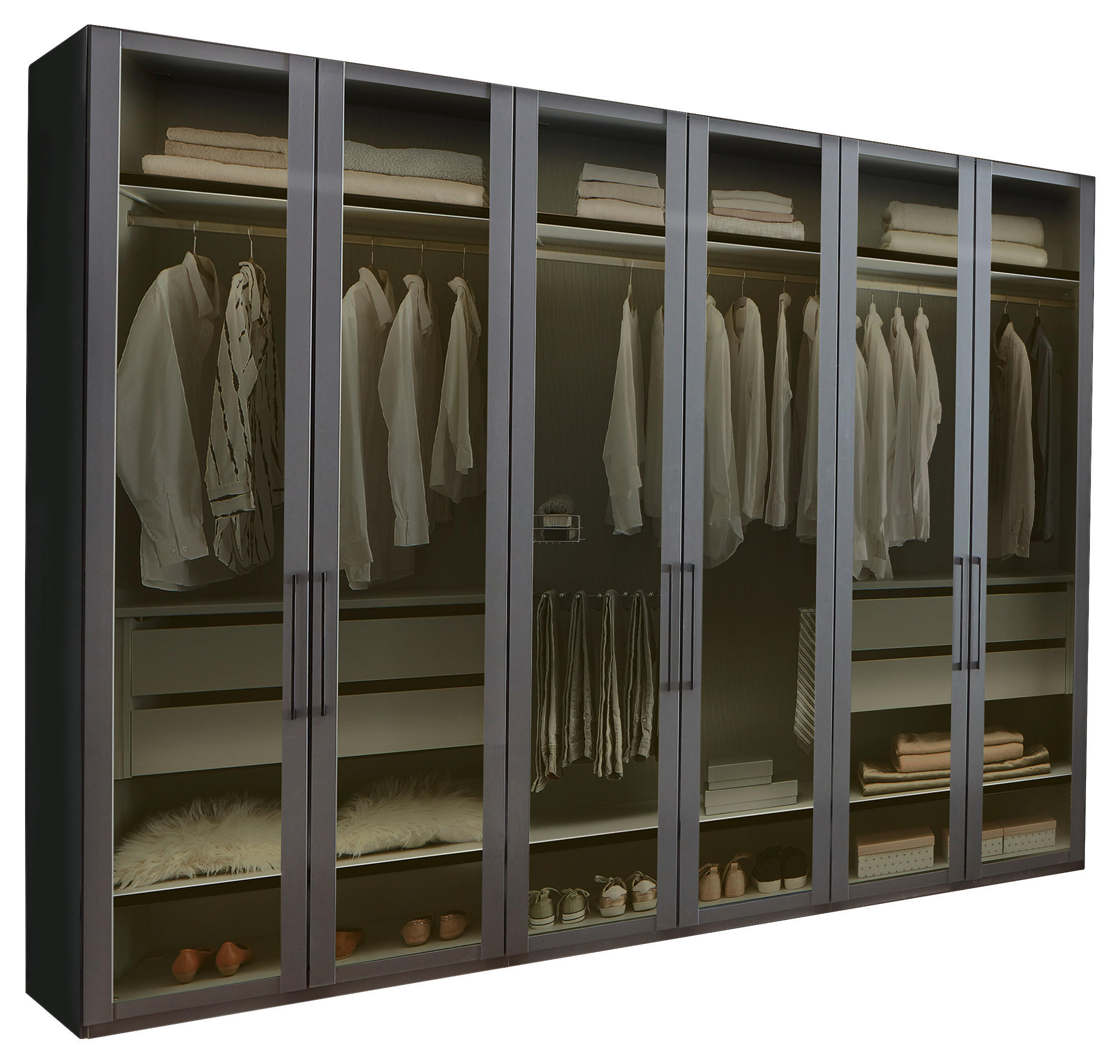 DREHTÜRENSCHRANK 300/236/58 cm,  in Graphitfarben, 6-türig  - Schwarz/Graphitfarben, Design, Glas/Holzwerkstoff (300/236/58cm) - Novel