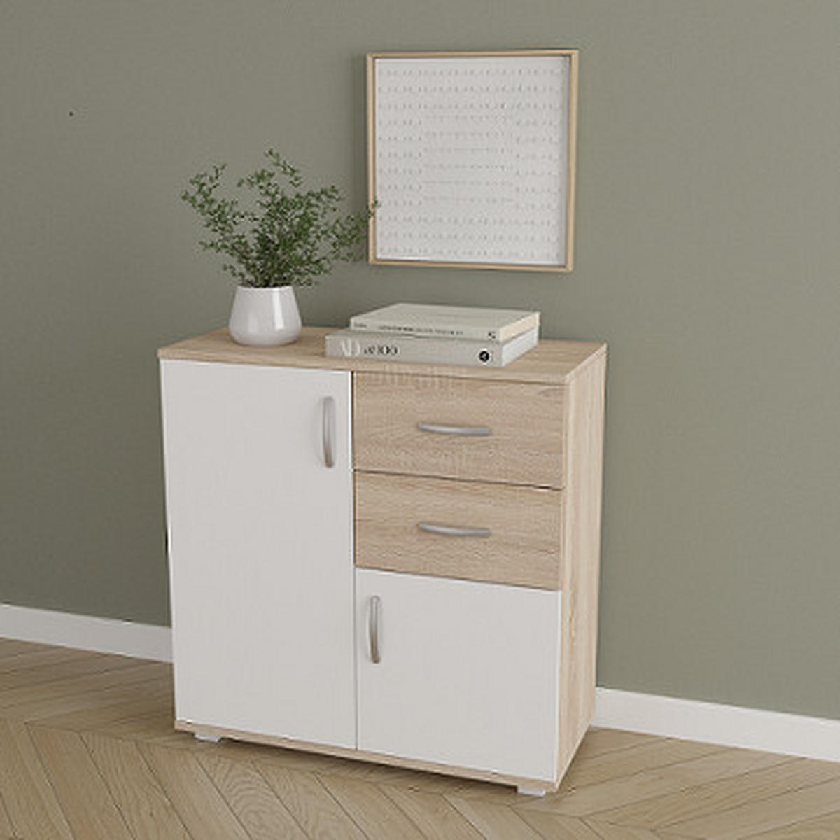 KOMODA   80/35/82 cm   bijela, hrast Sonoma  - bijela/boje aluminija, Design, drvni materijal/metal (80/35/82cm)