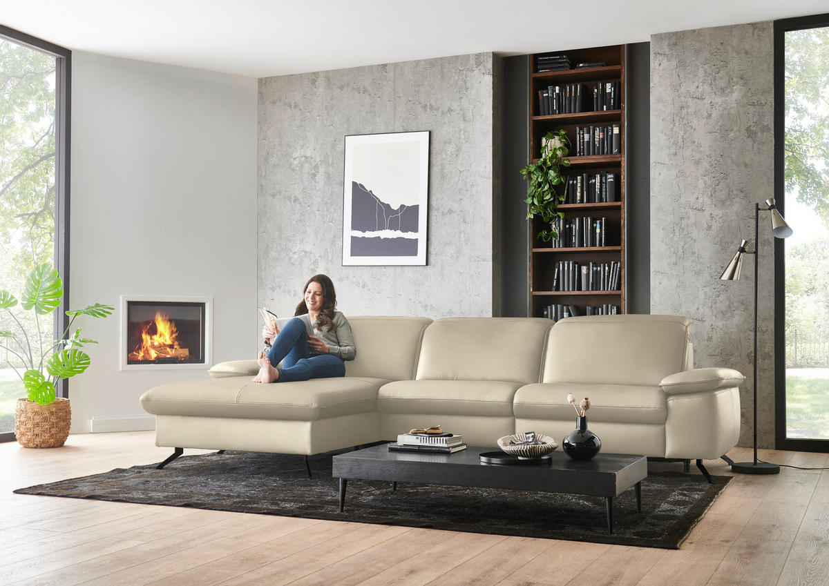 ECKSOFA  Echtleder Naturfarben  - Schwarz/Naturfarben, Design, Leder/Metall (169/307cm) - Beldomo Premium