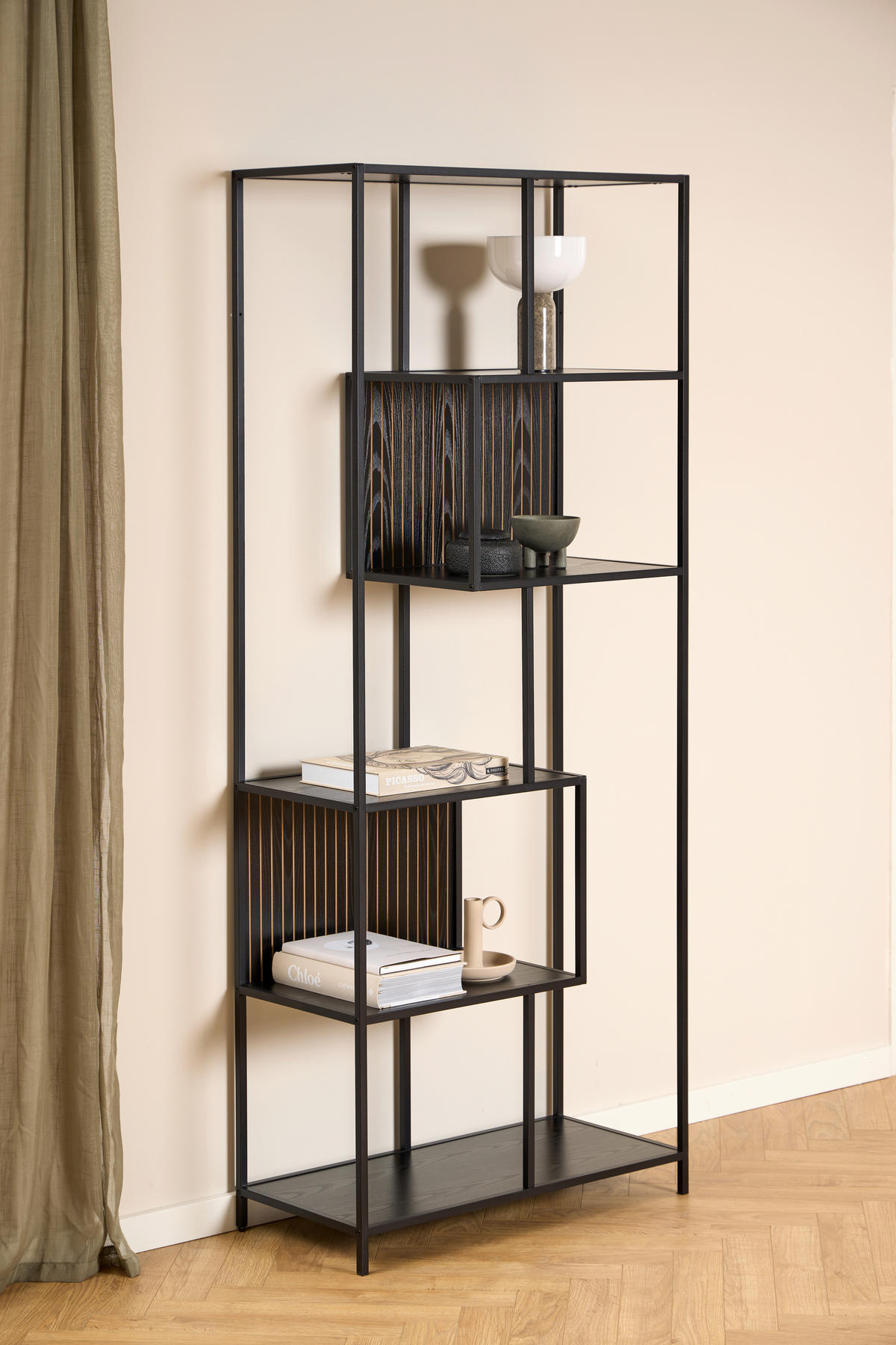 REGAL Schwarz, Eschefarben  - Eschefarben/Schwarz, MODERN, Holzwerkstoff/Metall (77/185/35cm)