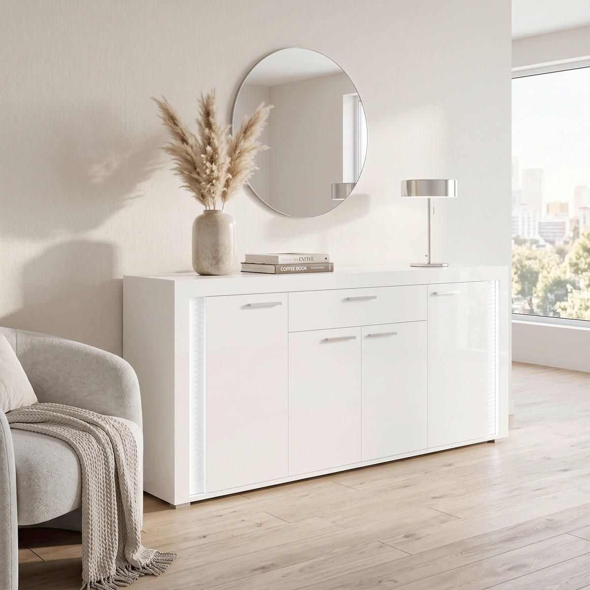 SIDEBOARD  182/84/42 cm  - Weiß Hochglanz/Silberfarben, Design, Holzwerkstoff/Kunststoff (182/84/42cm) - MID.YOU