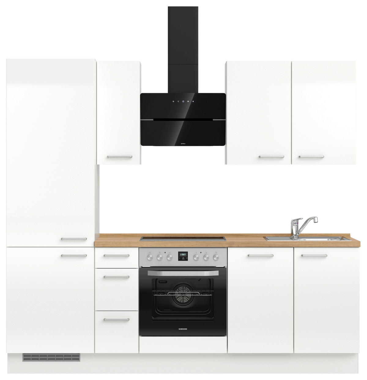 KÜCHENBLOCK 240 cm   in Eichefarben, Weiß Hochglanz  - Edelstahlfarben/Eichefarben, MODERN, Holzwerkstoff/Metall (240cm) - Nobilia