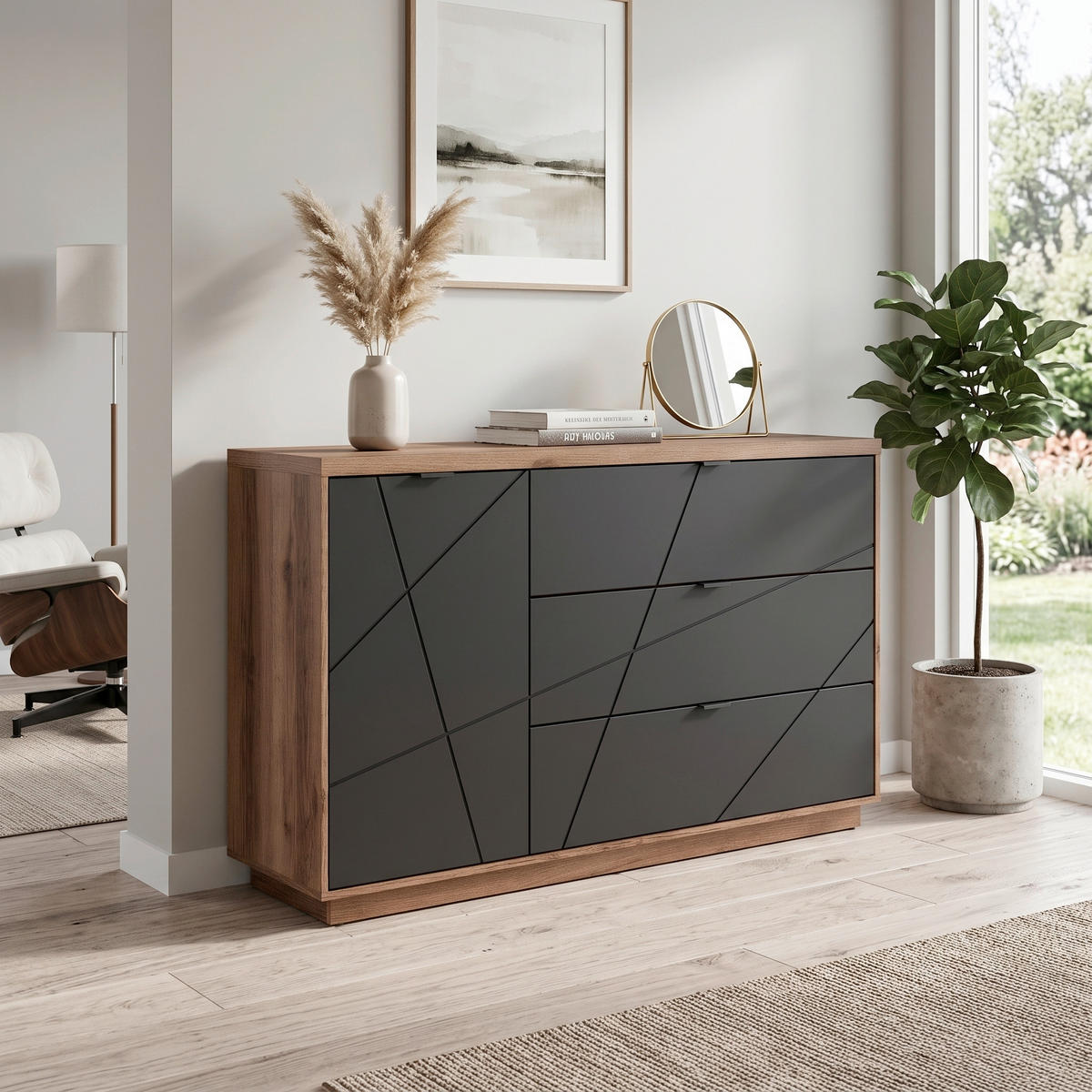 SIDEBOARD  156/93/42,5 cm 3 Schublade(n)  - Eichefarben/Schwarz, Design, Holzwerkstoff/Kunststoff (156/93/42,5cm)