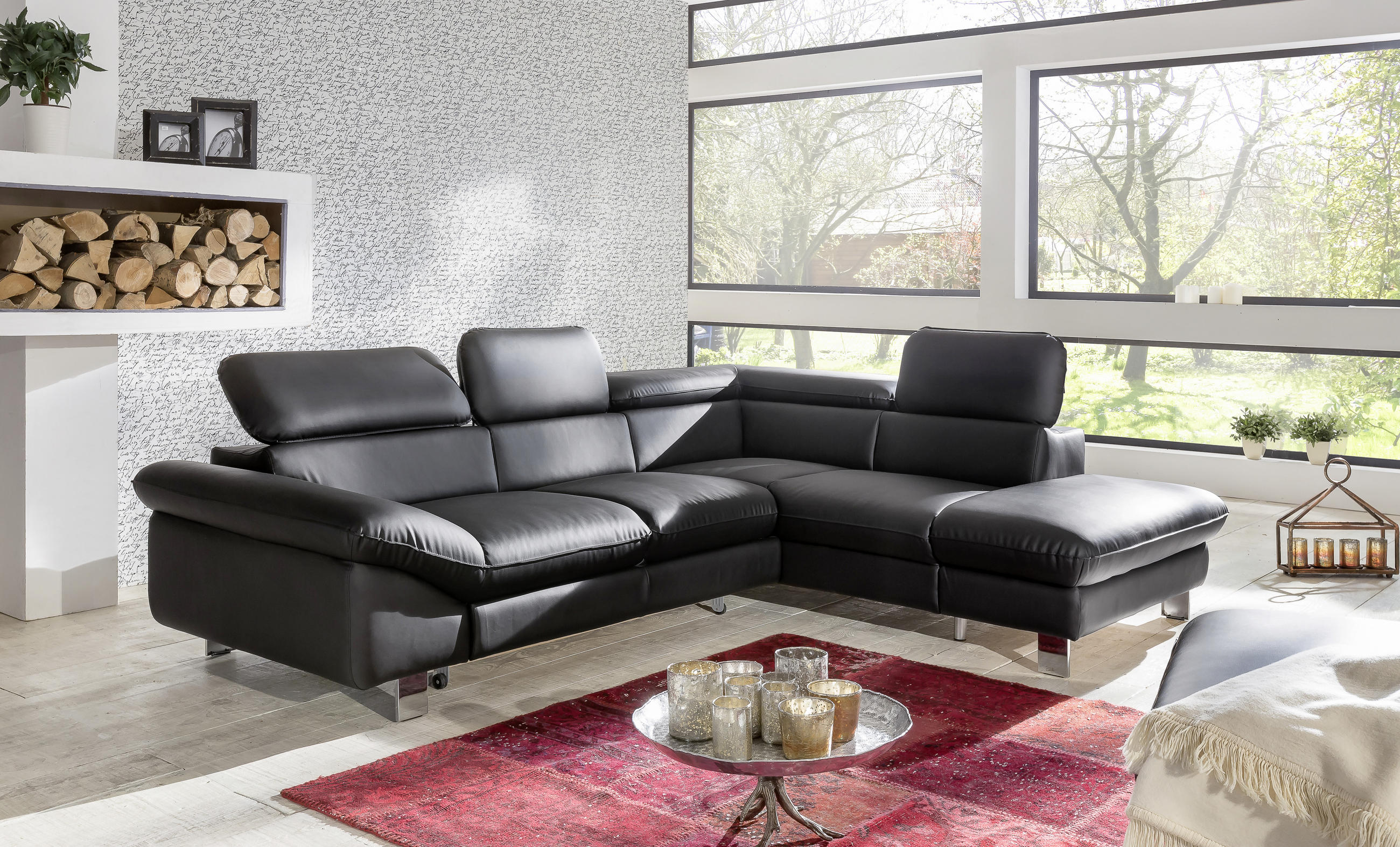 WOHNLANDSCHAFT in Lederlook Schwarz  - Chromfarben/Schwarz, MODERN, Textil/Metall (266/214cm) - MID.YOU