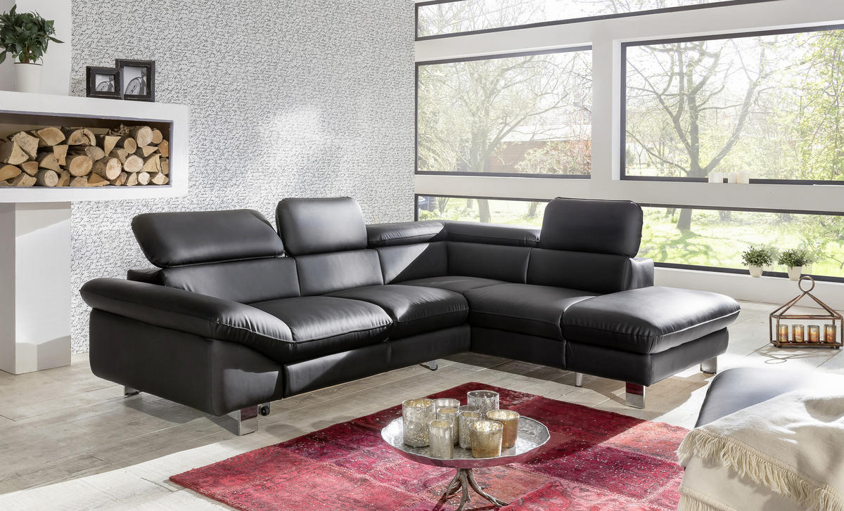 WOHNLANDSCHAFT in Lederlook Schwarz  - Chromfarben/Schwarz, Modern, Textil/Metall (266/214cm) - MID.YOU
