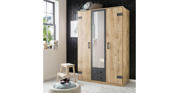 DREHTÜRENSCHRANK 135/199/58 cm 3-türig Graphitfarben, Plankeneiche - Plankeneiche/Eichefarben, Design, Glas/Holzwerkstoff (135/199/58cm) - Carryhome
