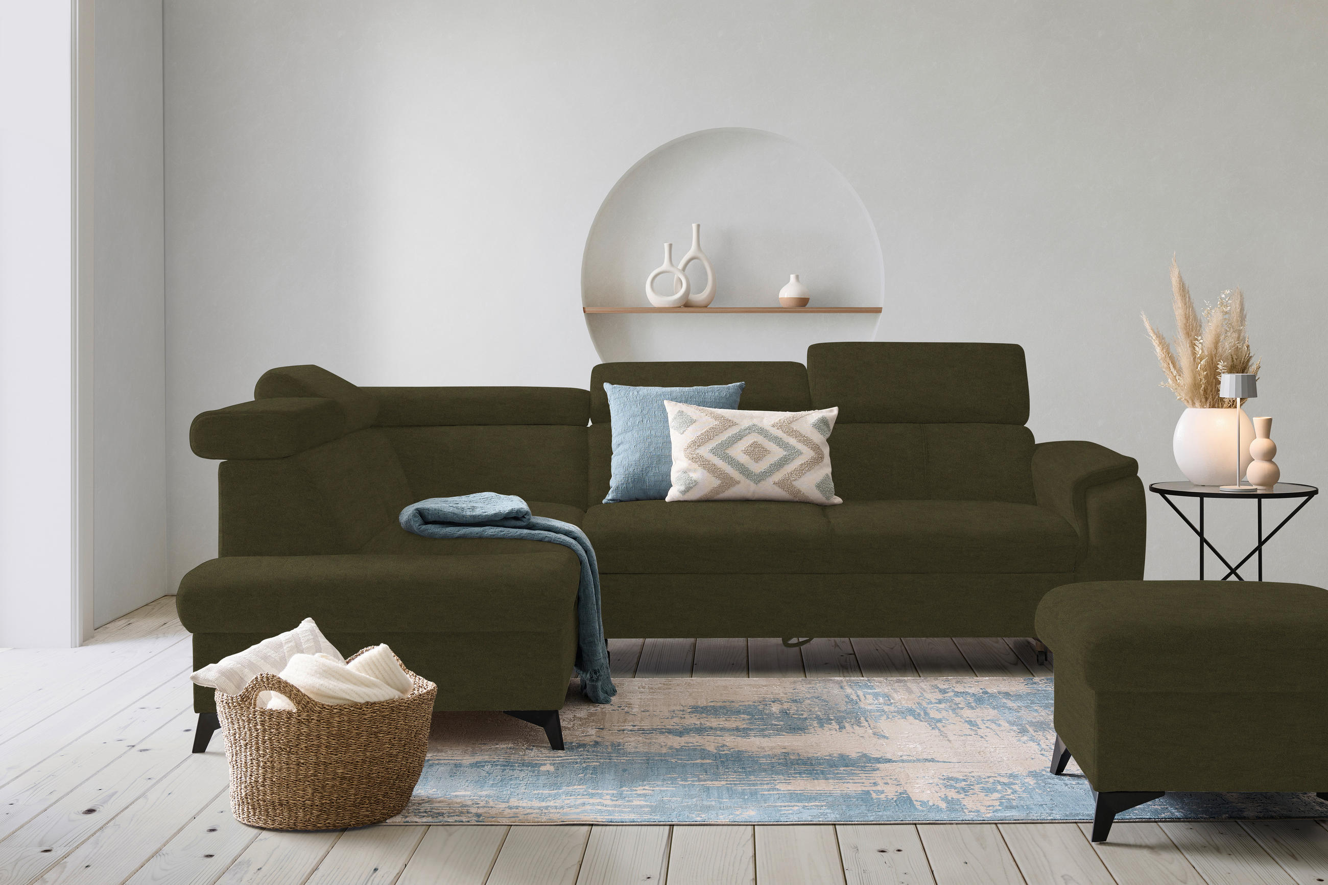 ECKSOFA in Mikrofaser Olivgrün  - Schwarz/Olivgrün, Design, Textil/Metall (203/260cm) - Stylife