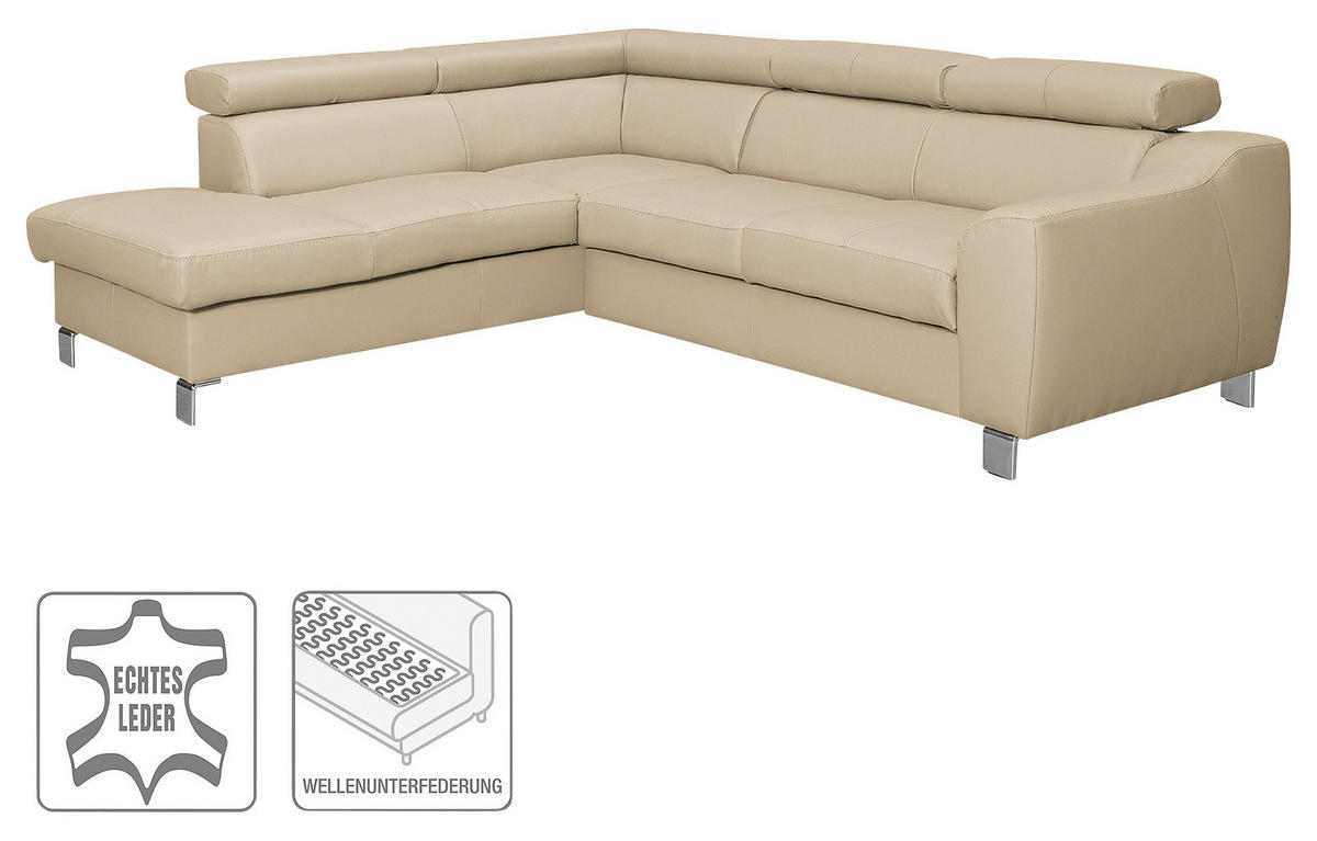 ECKSOFA in Lederlook Echtleder Beige  - Chromfarben/Beige, Design, Leder/Textil (208/245cm) - Livetastic