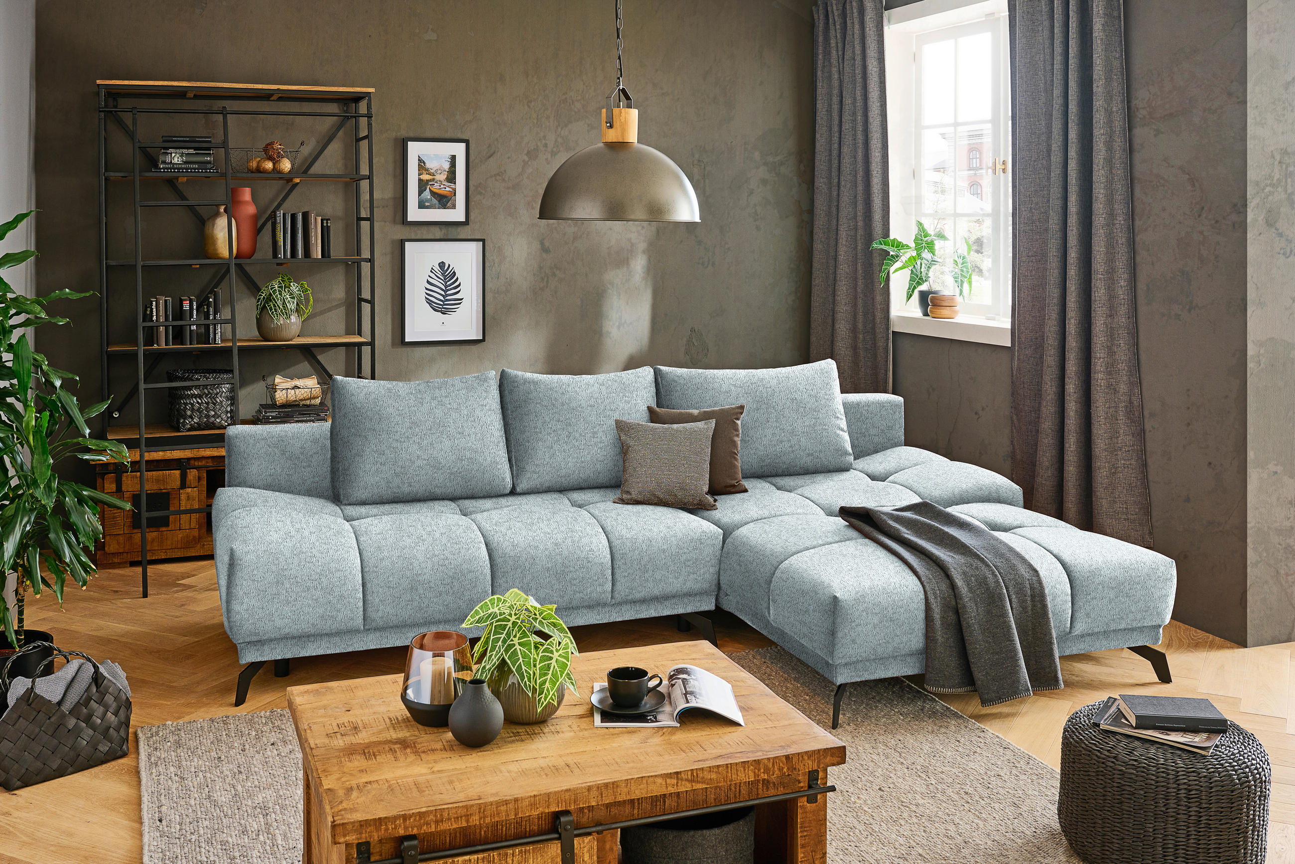 ECKSOFA in Chenille Türkis  - Türkis/Schwarz, Modern, Textil/Metall (290/182cm) - Hom`in