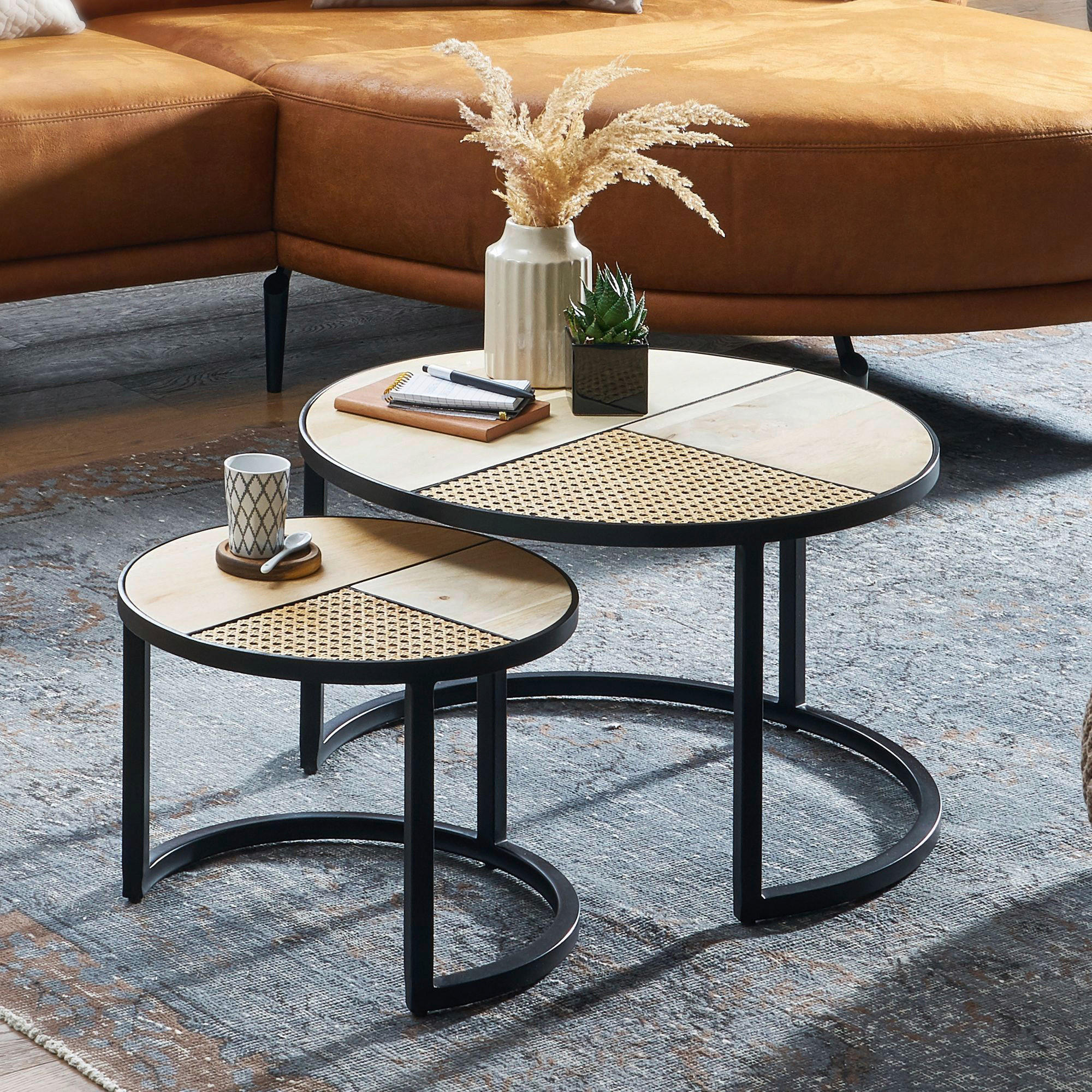 COUCHTISCHSET Mangoholz, Rattan massiv rund Braun  - Schwarz/Braun, MODERN, Holz/Metall (60/60/37cm) - MID.YOU