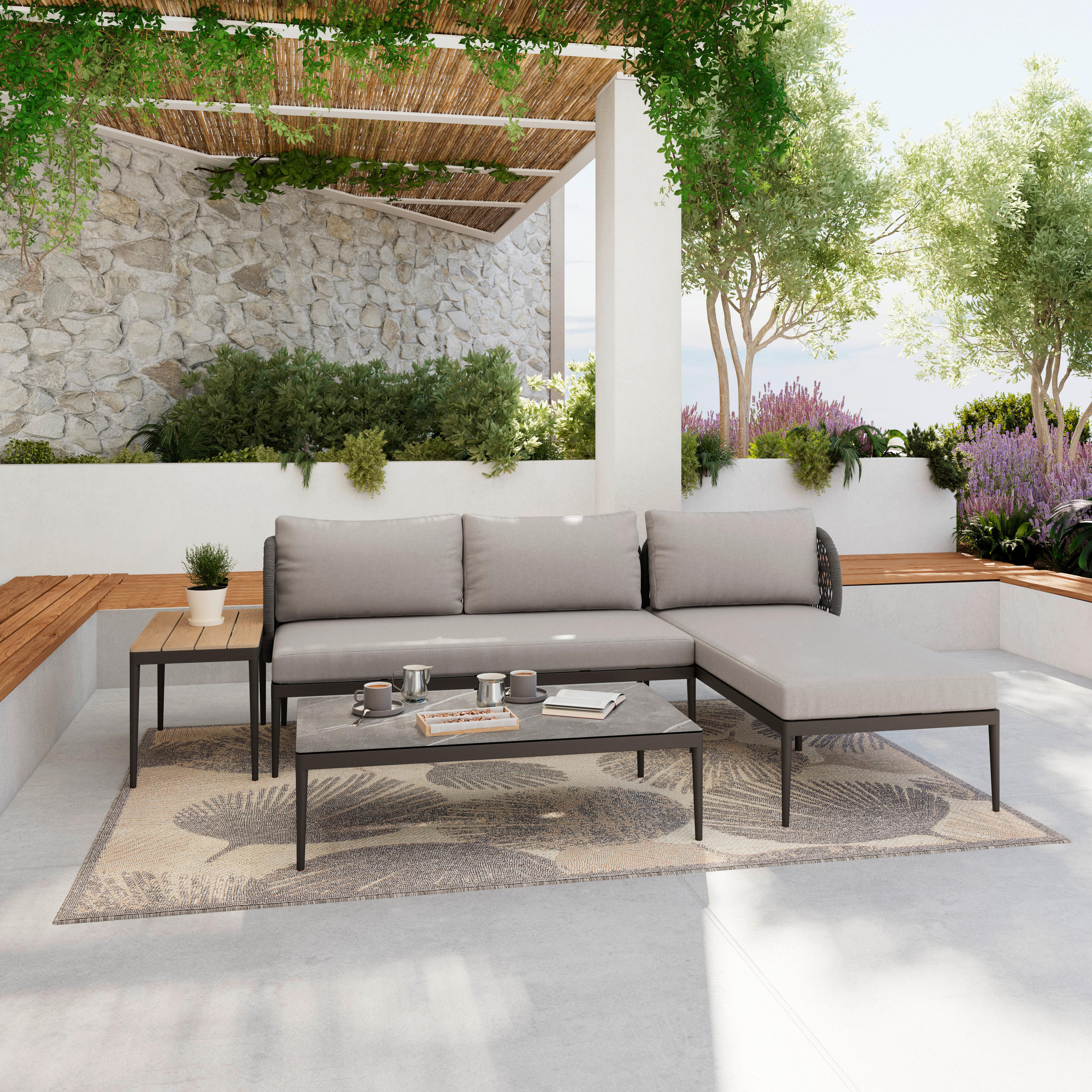 LOUNGEGARNITUR Aluminium  - Anthrazit/Naturfarben, MODERN, Glas/Kunststoff (255/72/145cm) - Ambia Garden