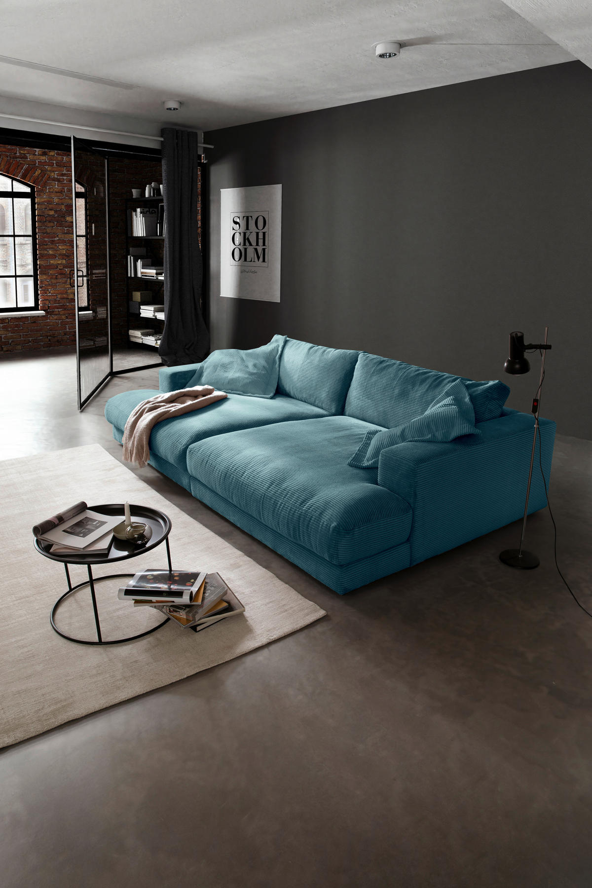 MEGASOFA Cord Petrol  - Petrol/Schwarz, Design, Kunststoff/Textil (290/86/170cm) - Pure Home Lifestyle