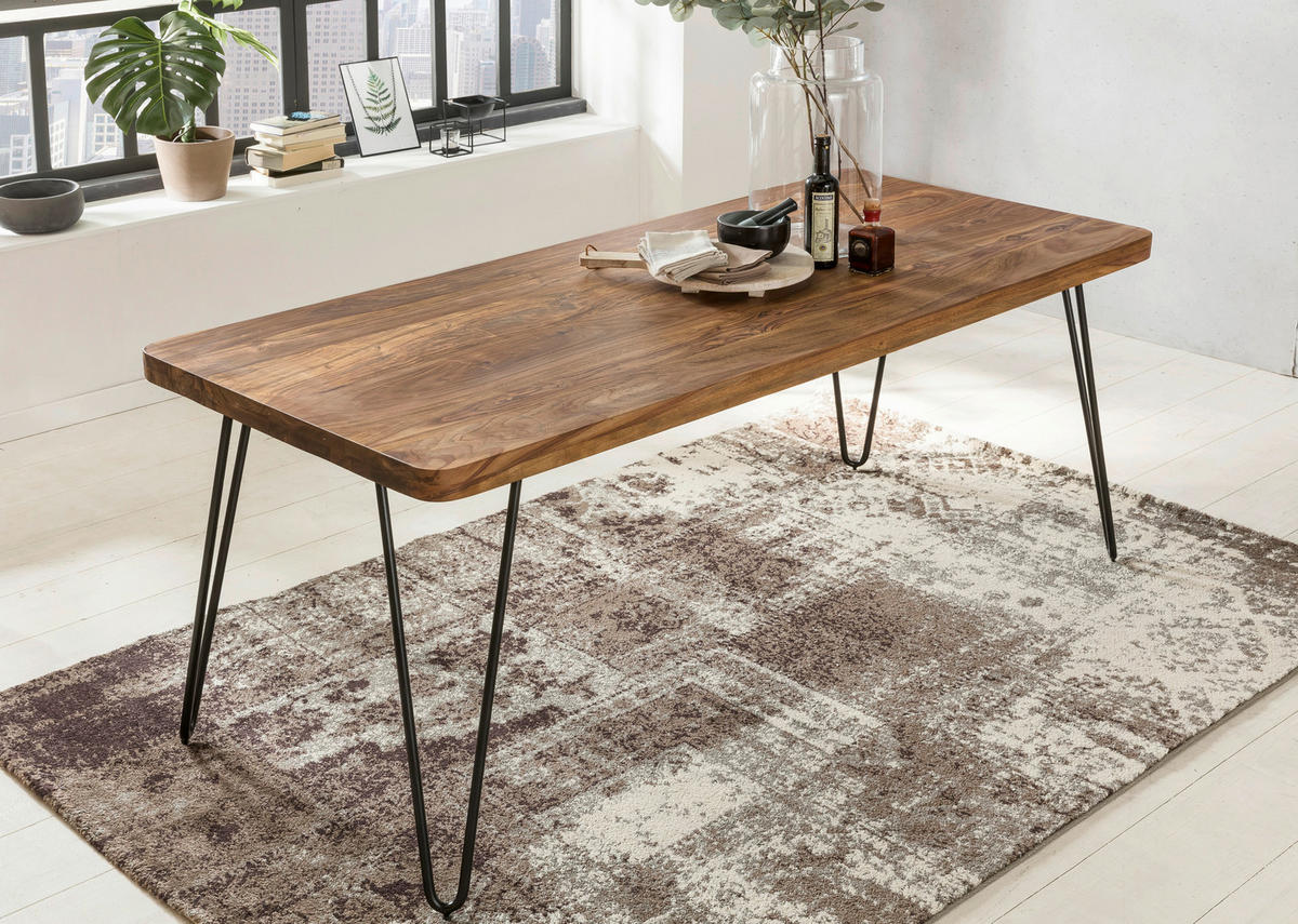 ESSTISCH Sheesham massiv rechteckig Sheeshamfarben  - Sheeshamfarben/Schwarz, Design, Holz/Metall (200/80/76cm) - MID.YOU