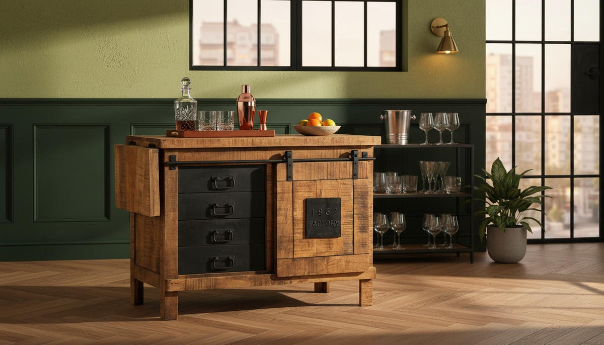 BARSCHRANK Mangoholz massiv Dunkelbraun  - Dunkelbraun/Schwarz, LIFESTYLE, Holz/Metall (135/76/50cm) - Landscape