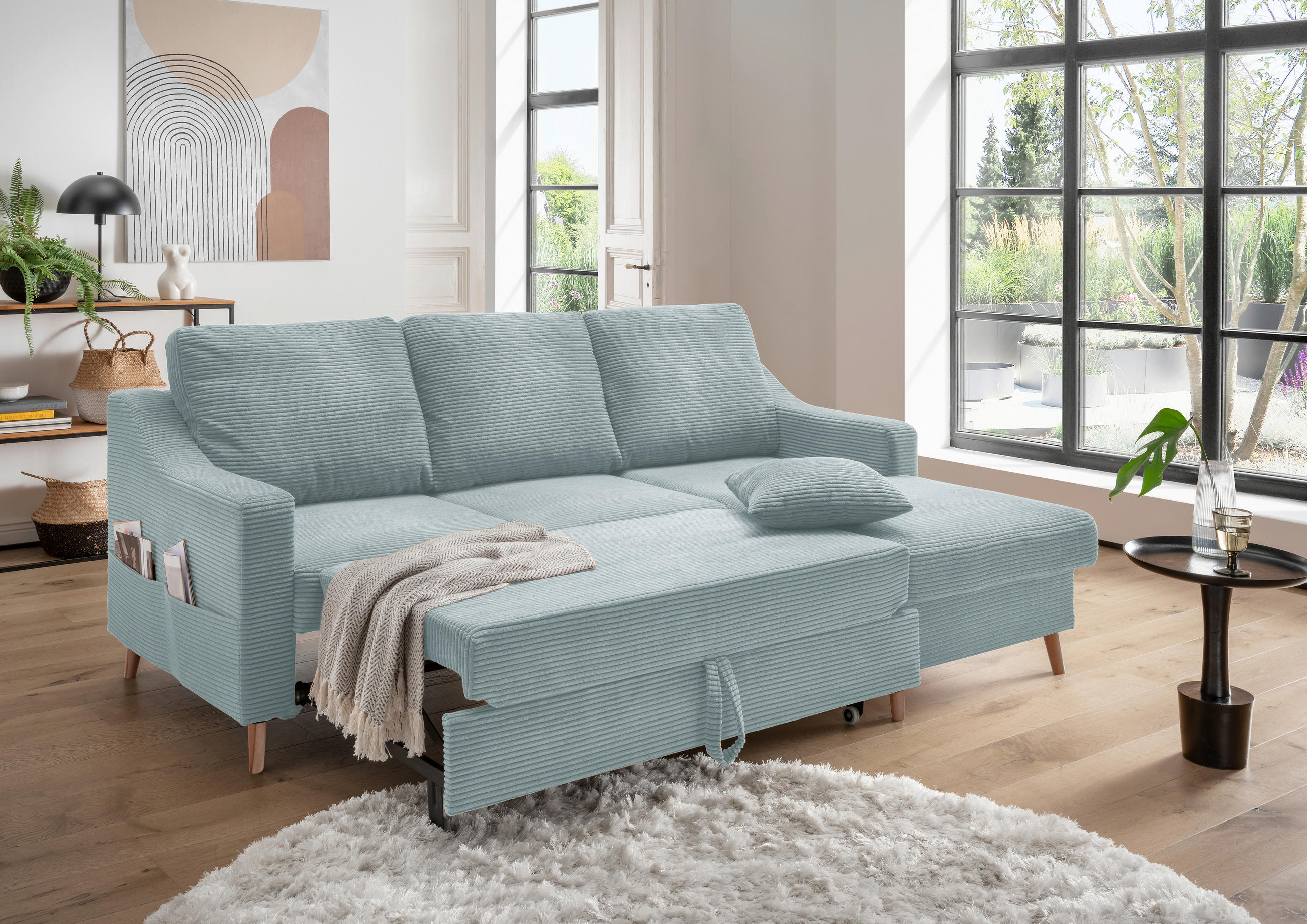 ECKSOFA in Cord Hellblau - Naturfarben/Hellblau, Design, Holz/Textil (228/150cm) - P & B