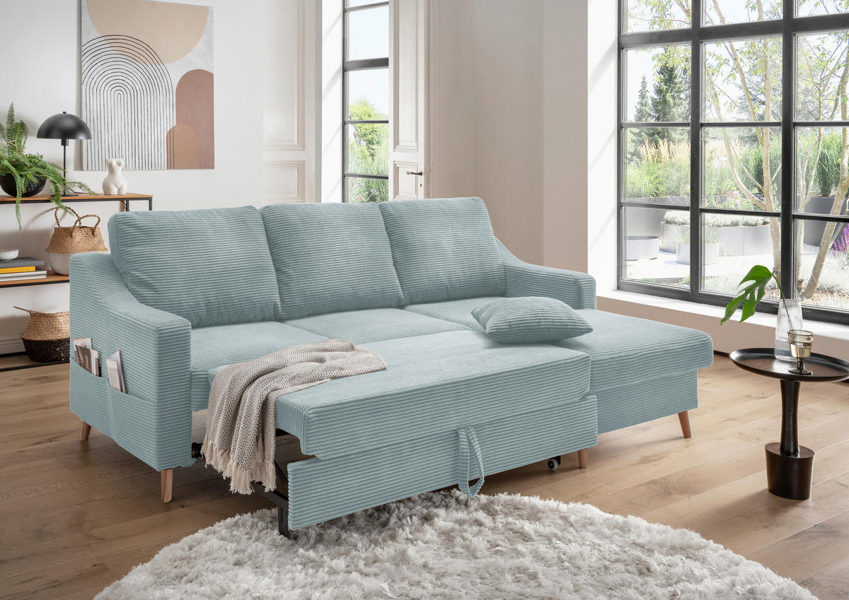 ECKSOFA in Cord Hellblau  - Naturfarben/Hellblau, Design, Holz/Textil (228/150cm) - P & B