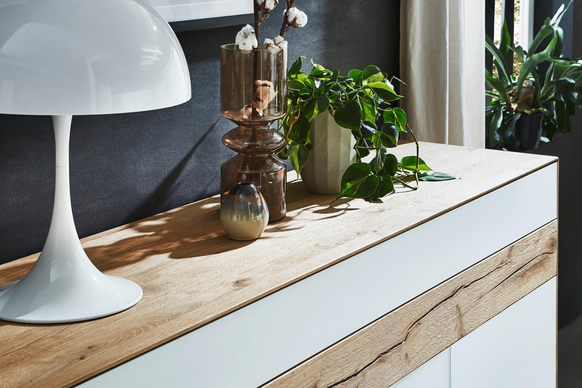 SIDEBOARD Solida Weiss, Eichefarben  182/90/48 cm  - Weiss/Eichefarben, Design, Glas/Holz (182/90/48cm) - Valnatura
