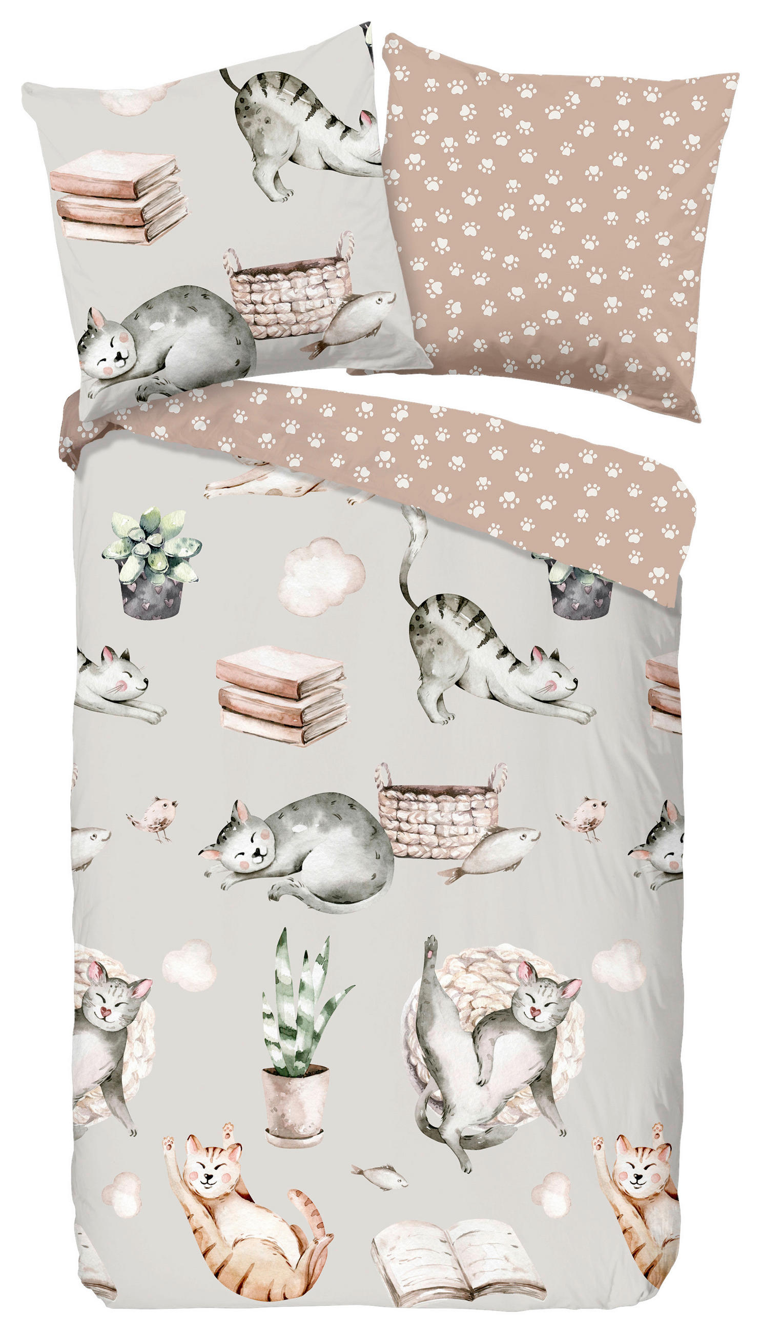 JUGENDBETTWÄSCHE Catlife Renforcé 135/200 cm  - Beige/Grau, Design, Textil (135/200cm)