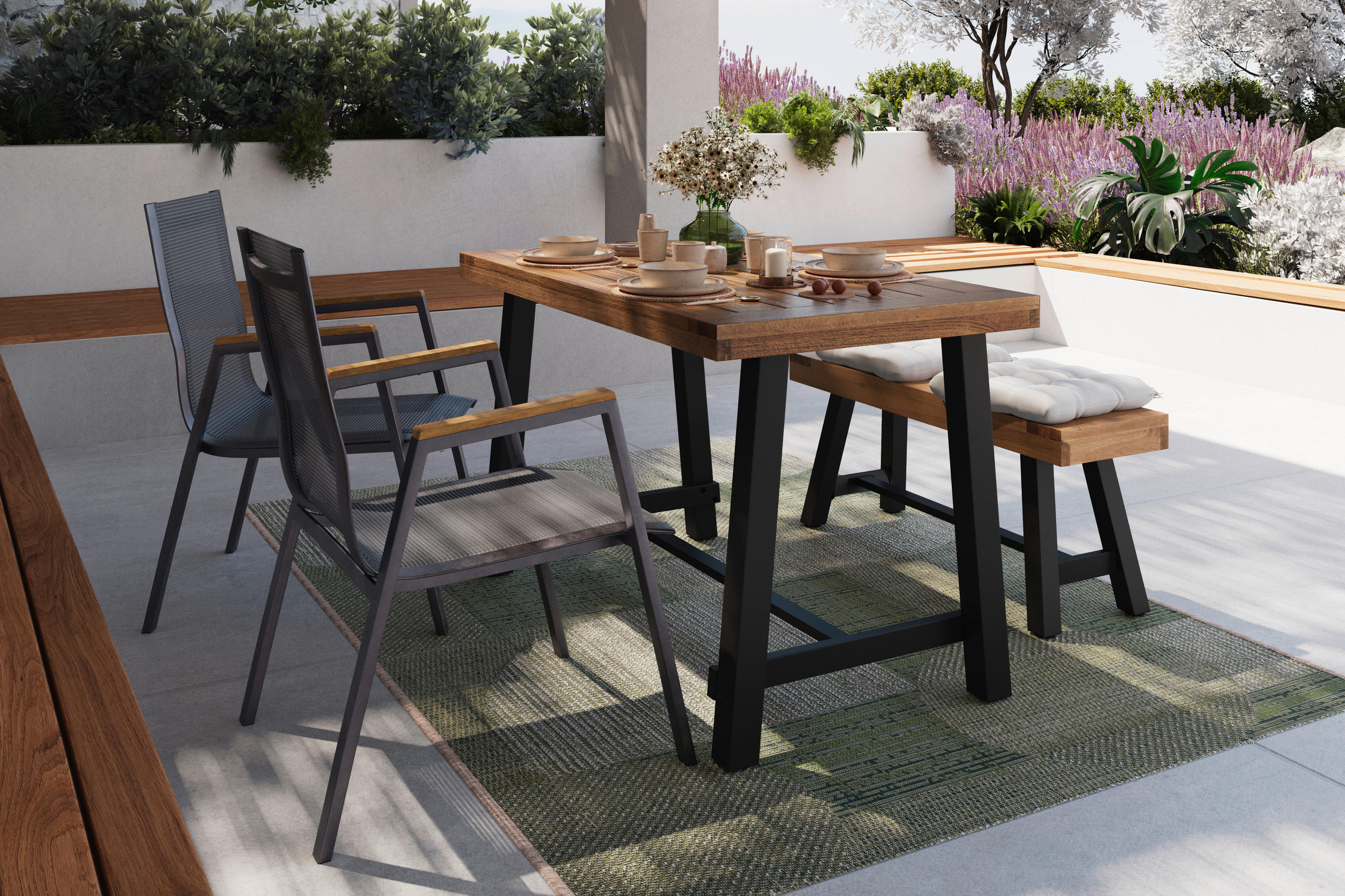 KERTI ASZTAL 120/70/76 cm   - akácia színű/fekete, Design, fa/fém (120/70/76cm) - Ambia Garden