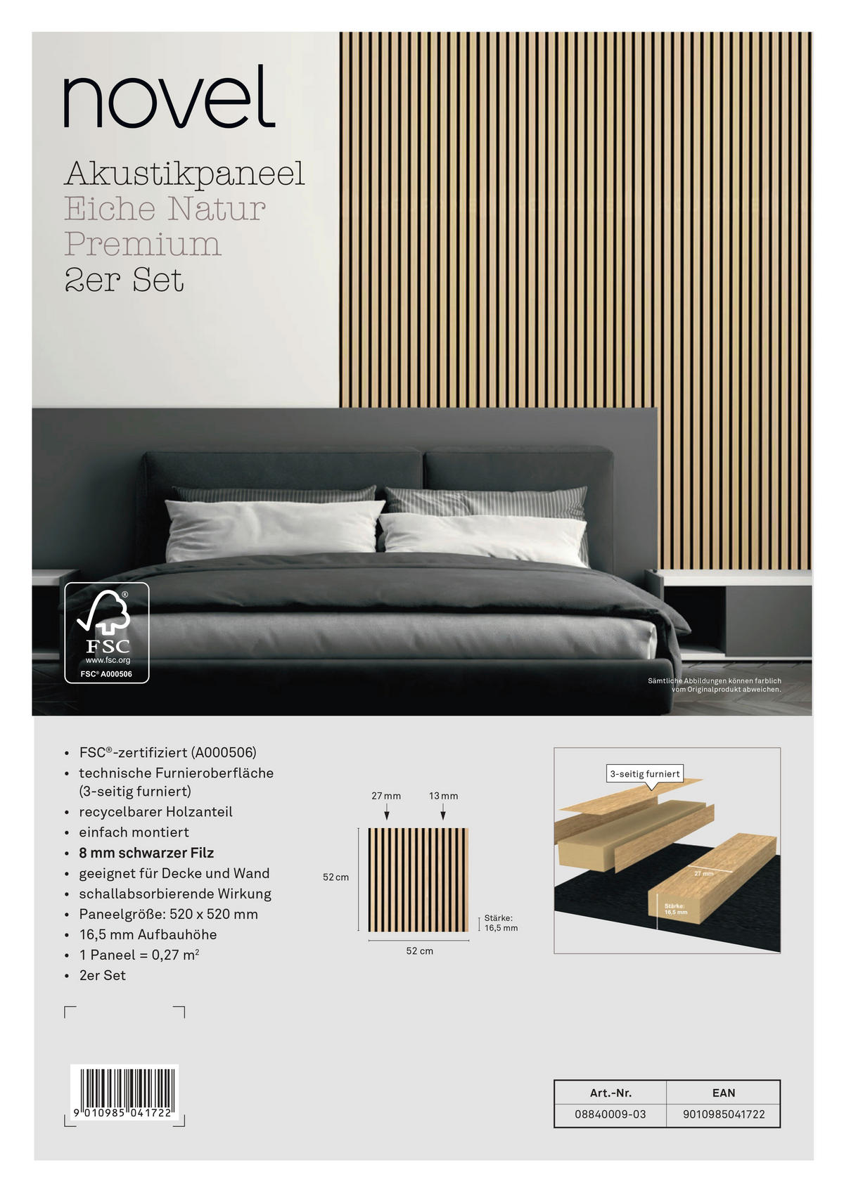 AKUSTIKPANEEL Echtholz 2 Stück  - Eichefarben/Beige, KONVENTIONELL, Holzwerkstoff (52,5/52,5/1,65cm) - Novel