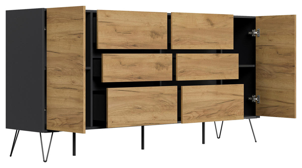 SIDEBOARD Posseik Industrial 199/93,6/42 cm 6 Schublade(n)  - Eichefarben/Graphitfarben, Design, Holzwerkstoff/Metall (199/93,6/42cm) - P & B