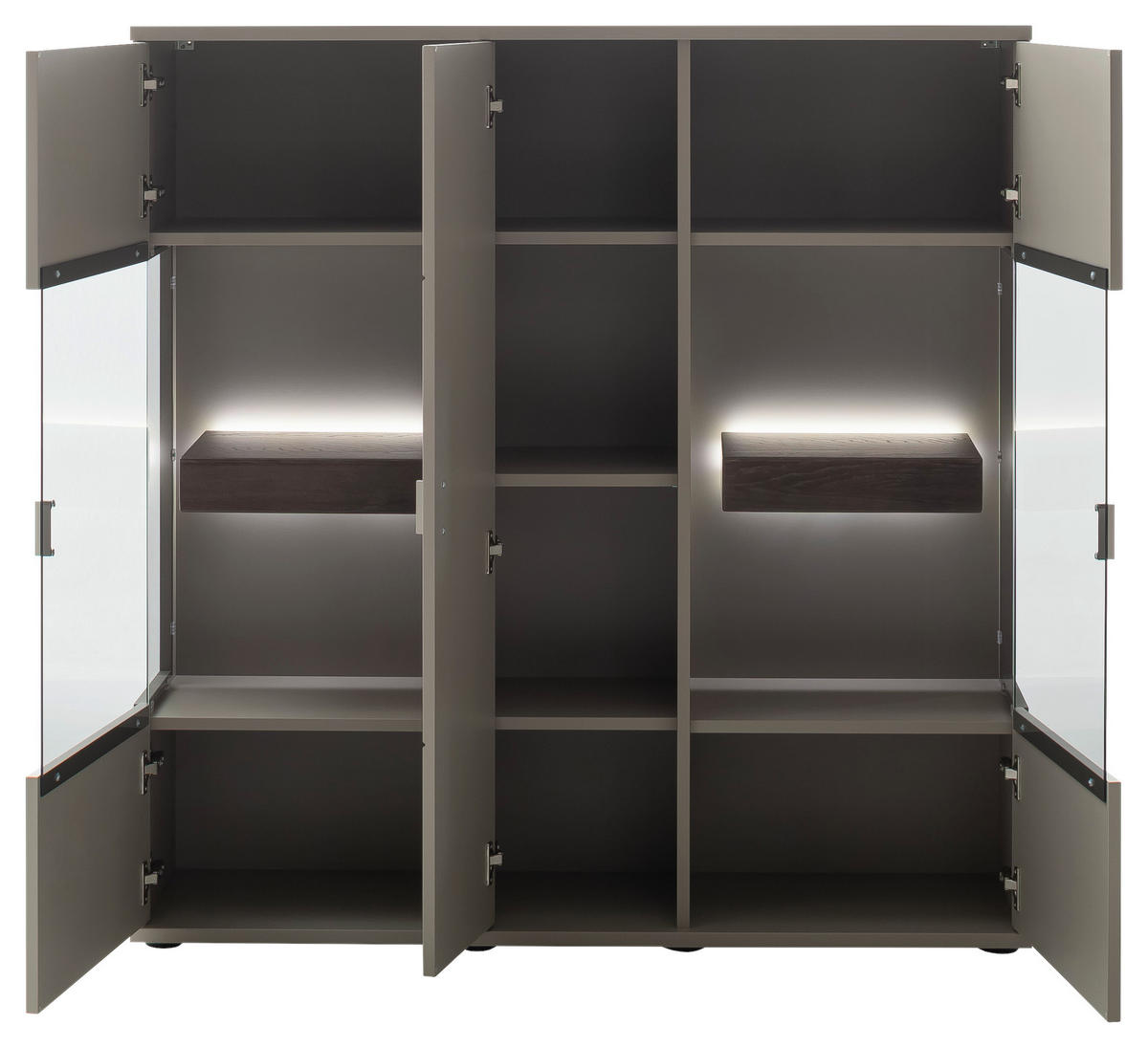 FÉLMAGAS SZEKRÉNY 130/134/37 cm  - tölgyfa színű/nikkelszínű, Design, faalapú anyag/Üveg (130/134/37cm) - Novel