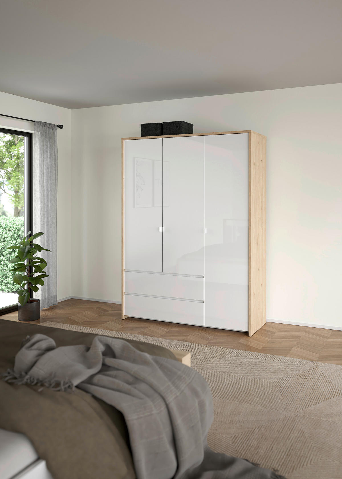 DREHTÜRENSCHRANK 149/202/58 cm 3-türig Eichefarben, Weiß  - Eichefarben/Silberfarben, KONVENTIONELL, Holzwerkstoff/Metall (149/202/58cm) - Boxxx