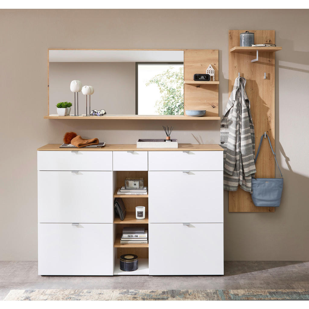Thumbnail - Garderobe Bari, Weiß, Eiche Artisan, Glas, Holzwerkstoff, 3-teilig, 208x202x38 cm, Garderobe, Garderoben-Sets & Serien