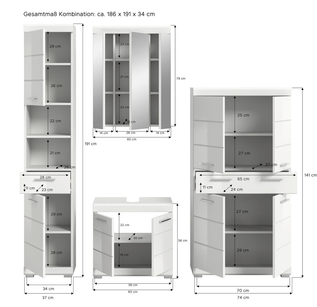 BADEZIMMER 4-teilig  in 171 cm  - Weiß Hochglanz/Silberfarben, MODERN, Glas/Holzwerkstoff (171cm) - MID.YOU