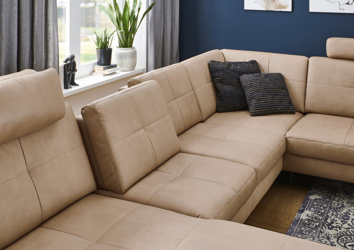 WOHNLANDSCHAFT in Lederlook, Mikrofaser Hellbraun, Haselnussfarben  - Hellbraun/Schwarz, Design, Textil/Metall (345/220cm) - Beldomo System